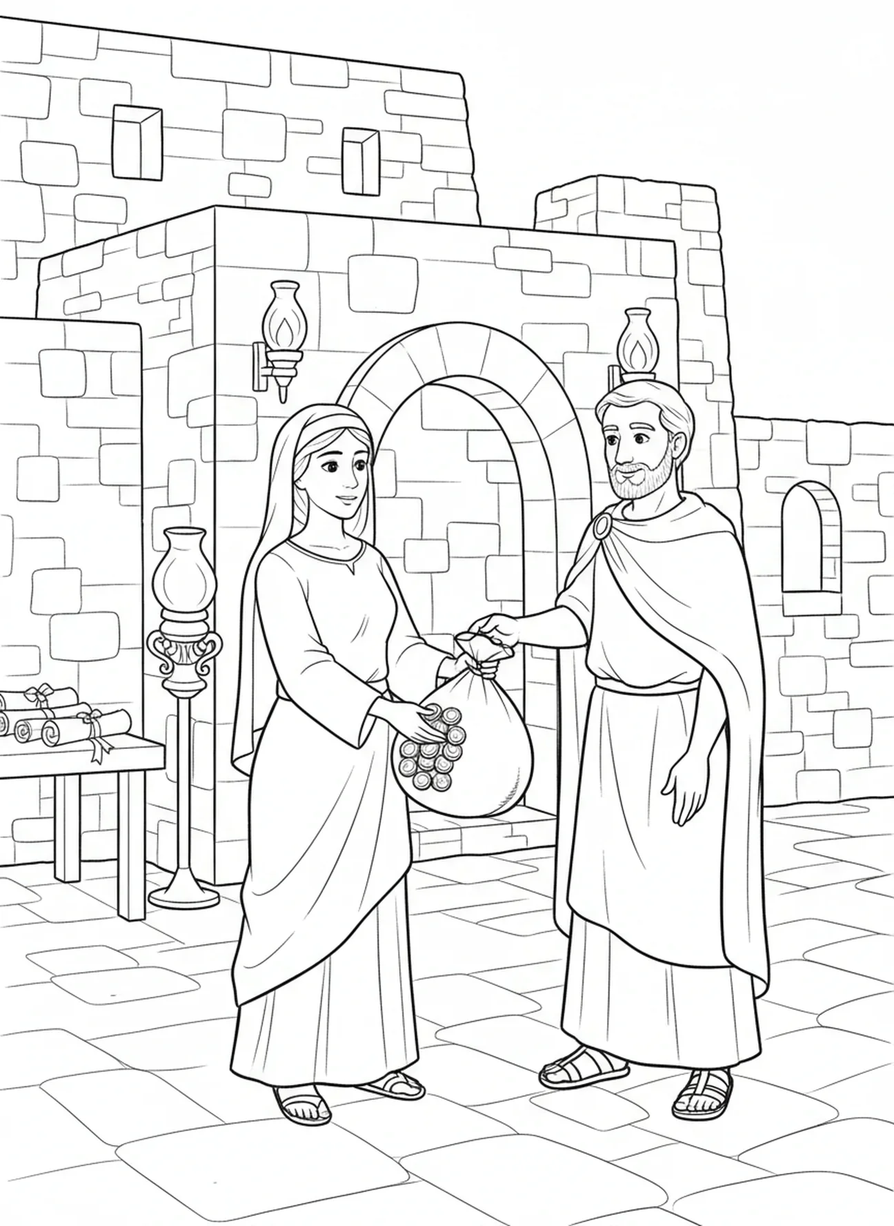 Safira entregando moedas, página para colorir de Ananias e Safira para crianças da Escola Dominical de 5 a 12 anos.
