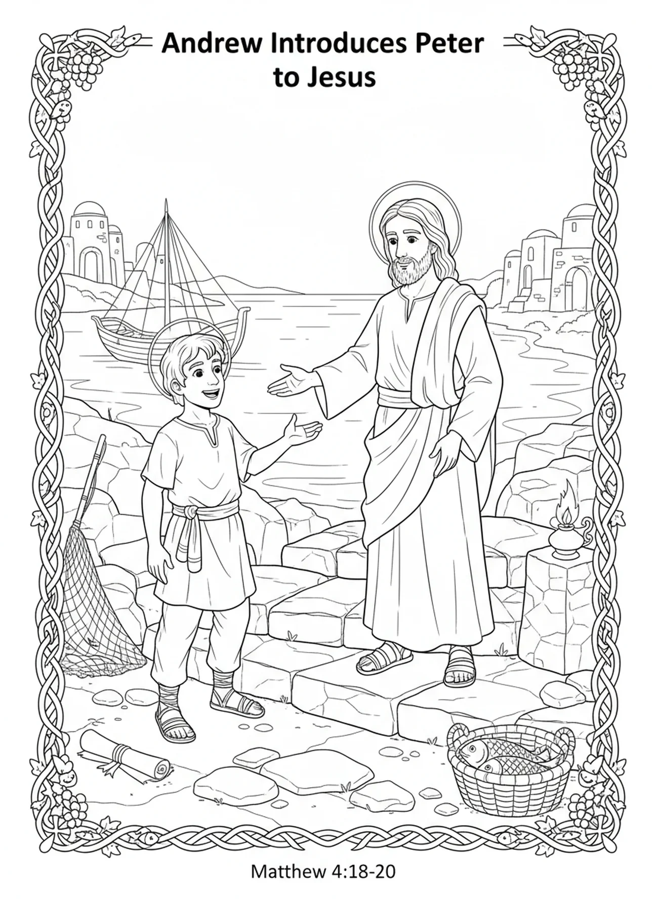 André apresentando Pedro a Jesus, página de colorir do Apóstolo André para crianças da Escola Dominical de 5 a 12 anos.