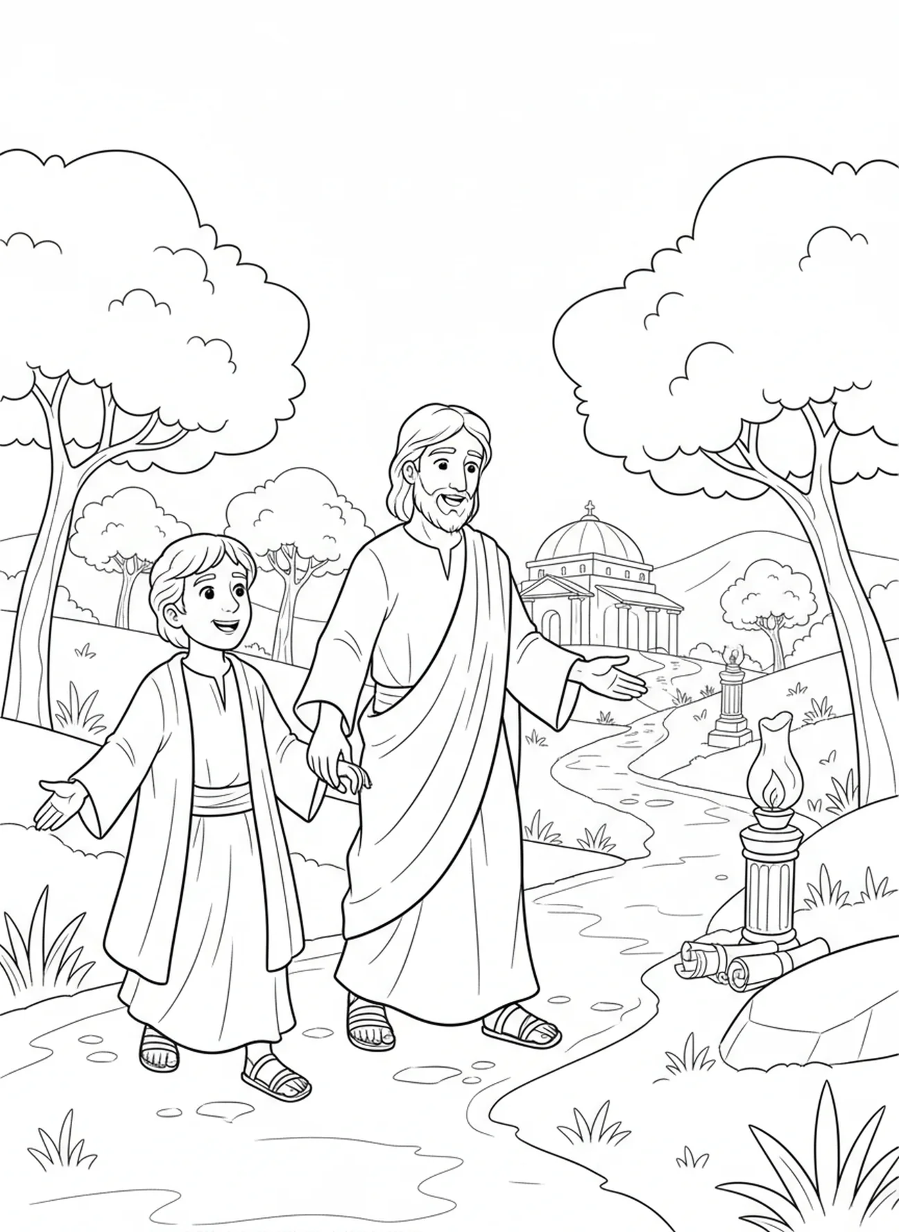 André seguindo Jesus, página para colorir do Apóstolo André para crianças da Escola Dominical de 5 a 12 anos.