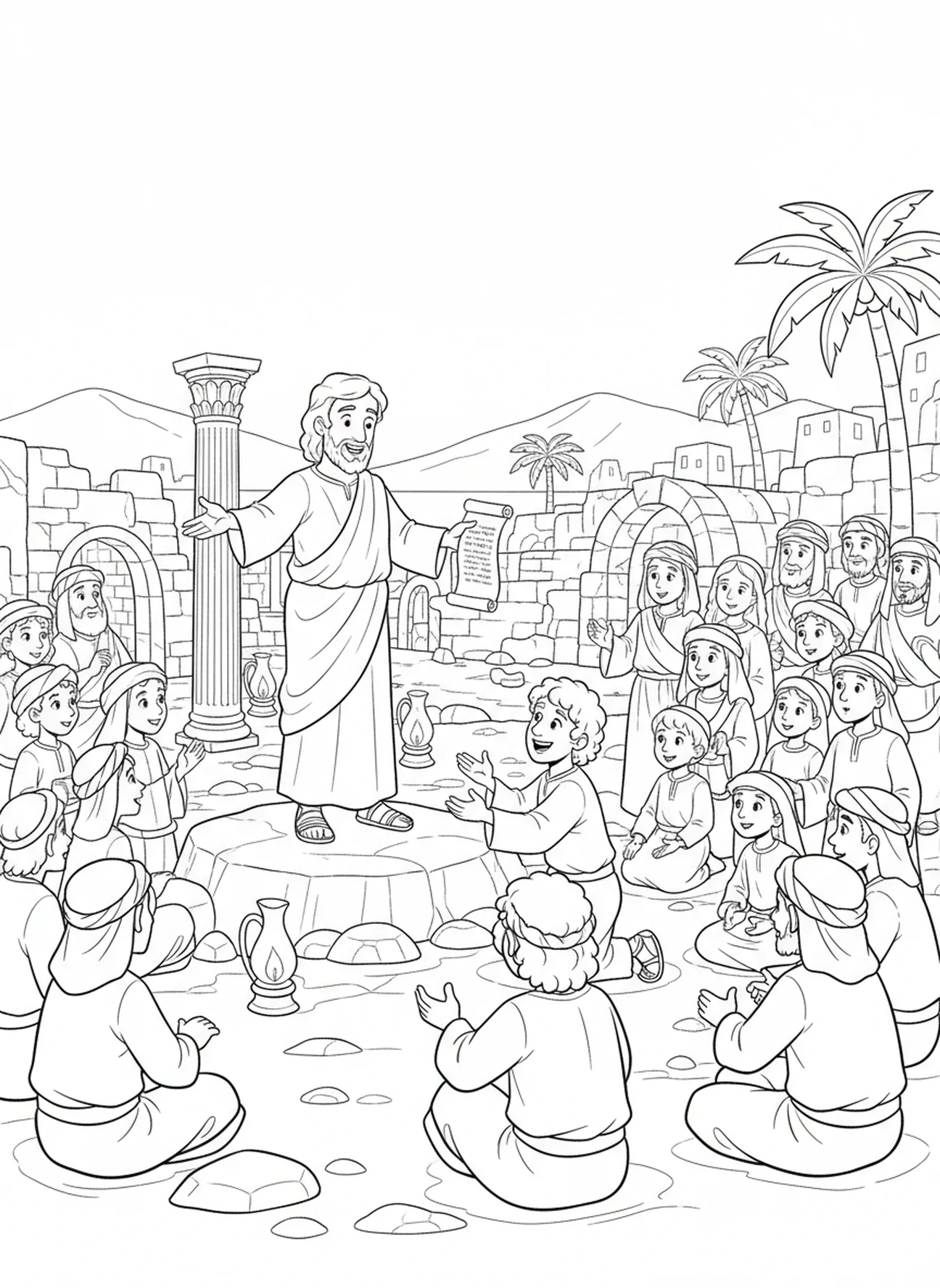 André encontrando Jesus, página para colorir do Apóstolo André para crianças da Escola Dominical de 5 a 12 anos.