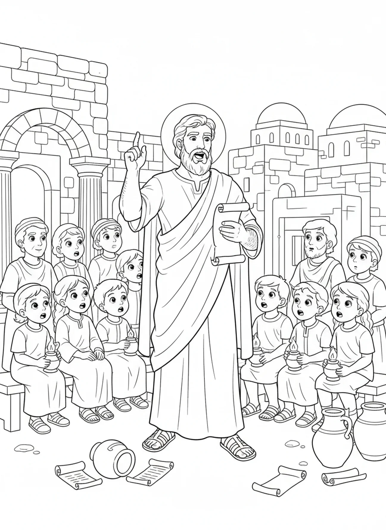 André pregando para a multidão, página de colorir do Apóstolo André para crianças da Escola Dominical de 5 a 12 anos.