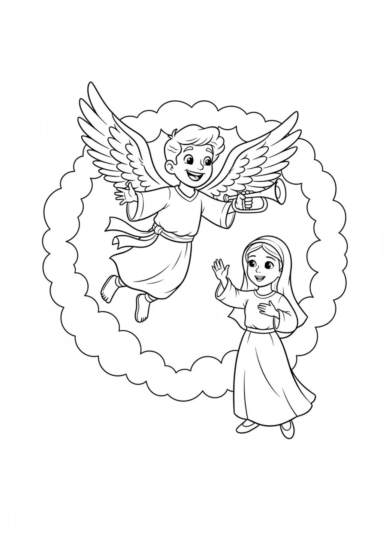 L'ange Gabriel s'envolant, page à colorier de l'Annonciation où l'ange Gabriel rend visite à Marie pour les enfants de 5 à 10 ans