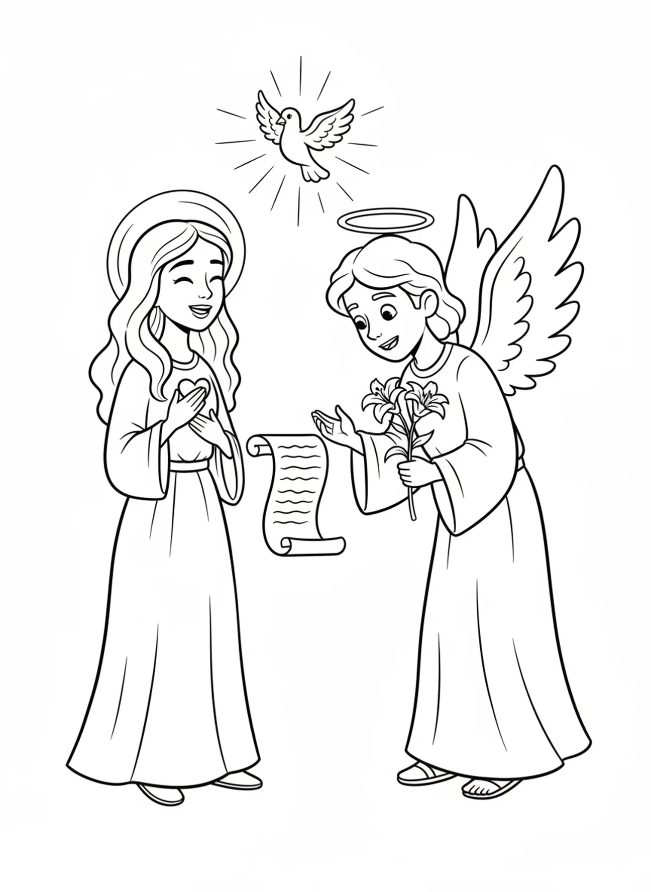 Marie acceptant, page à colorier de l'Annonciation où l'ange Gabriel rend visite à Marie pour les enfants de 5 à 10 ans