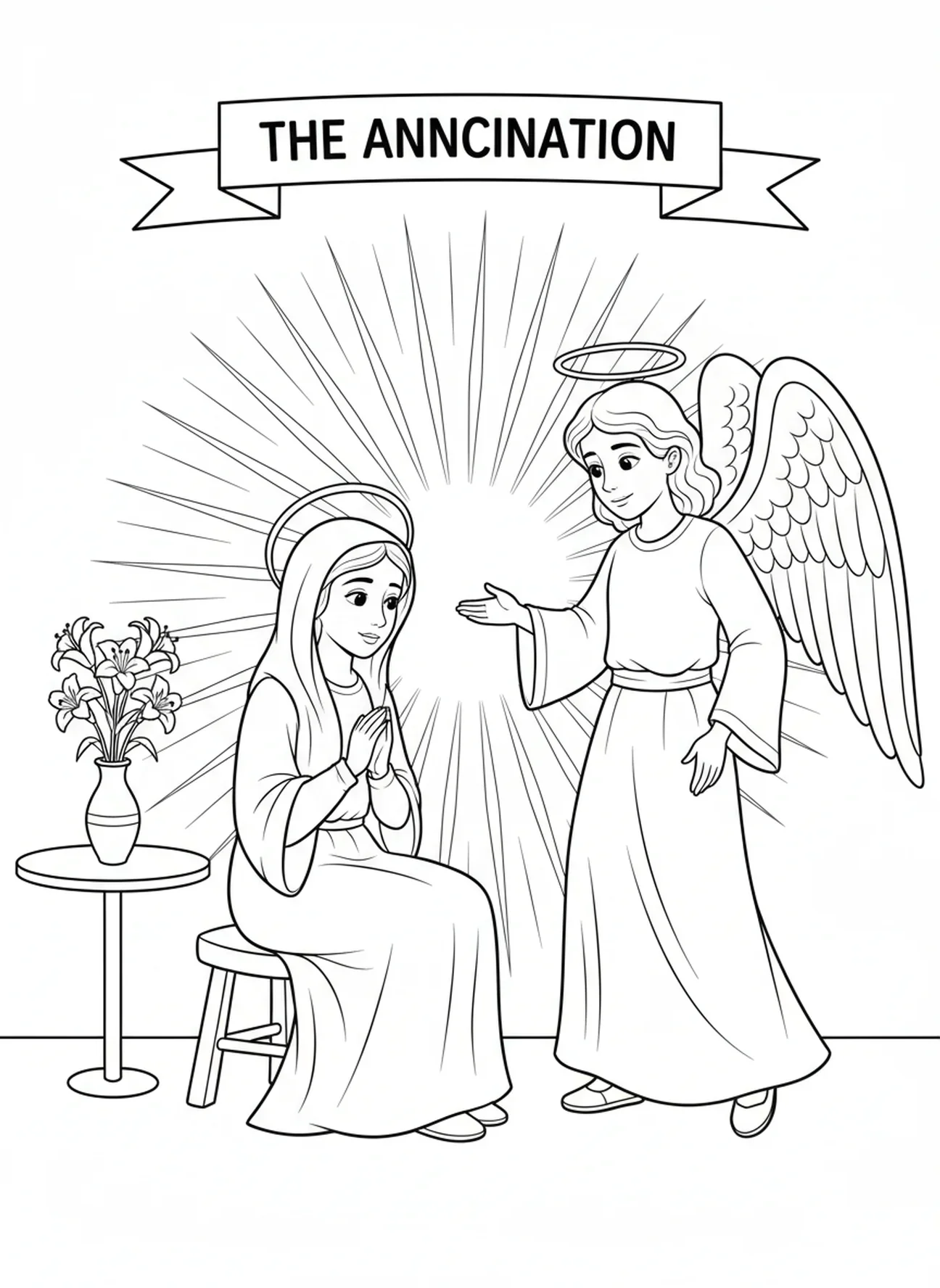 Marie à l'écoute, page à colorier de l'Annonciation avec l'Ange Gabriel visitant Marie pour les enfants de 5 à 10 ans