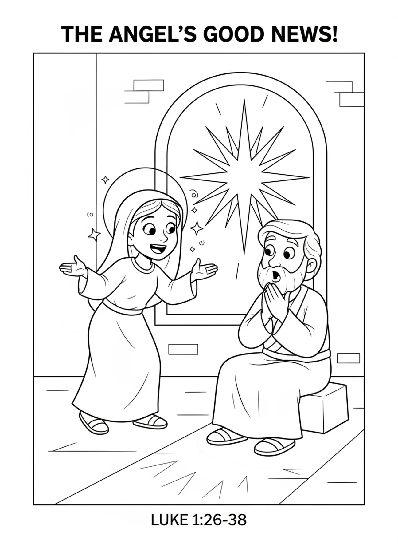 Marie annonçant à Joseph, page à colorier de l'Annonciation de l'ange Gabriel visitant Marie pour les enfants de 5 à 10 ans