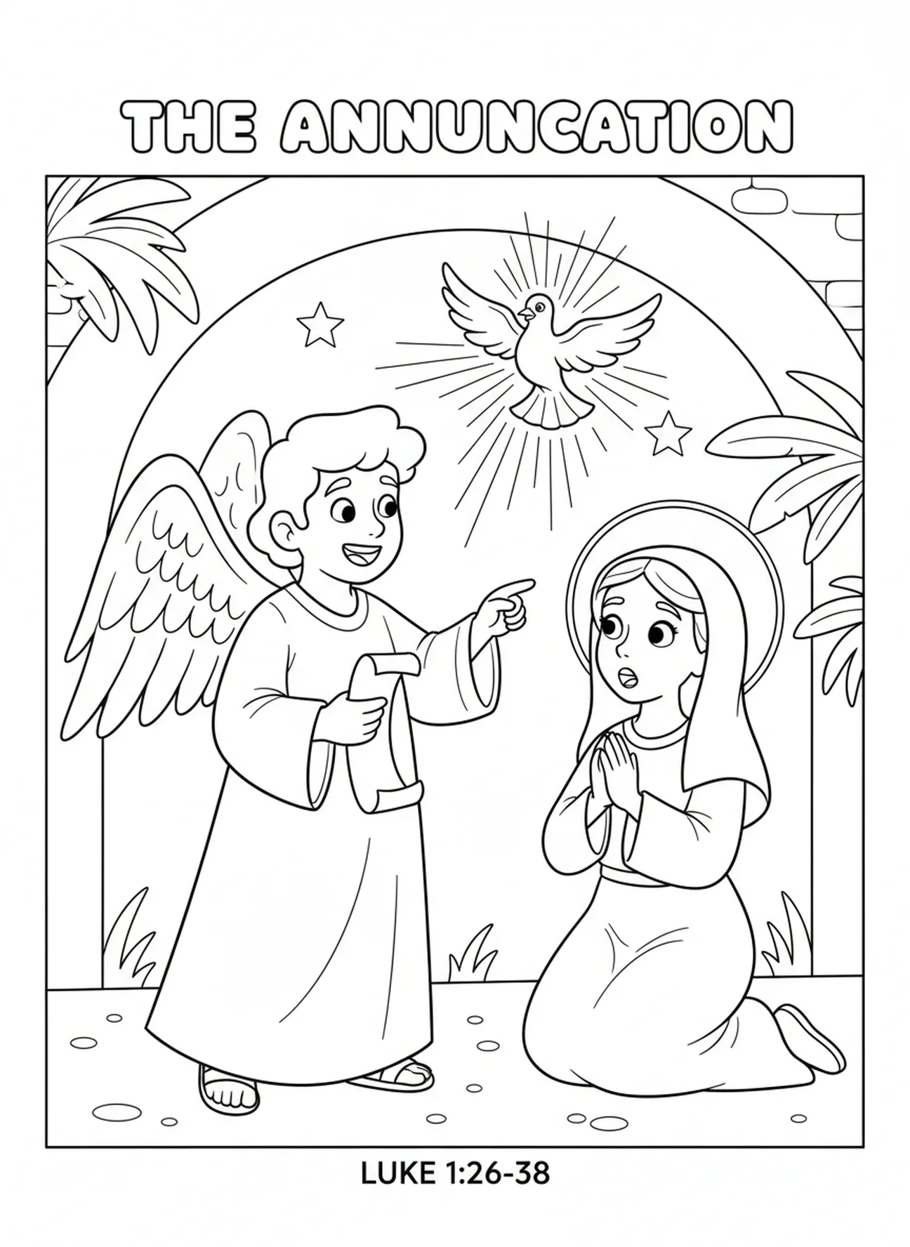 Colombe volant au-dessus, page à colorier de l'Annonciation de l'Ange Gabriel visitant Marie pour les enfants de 5 à 10 ans