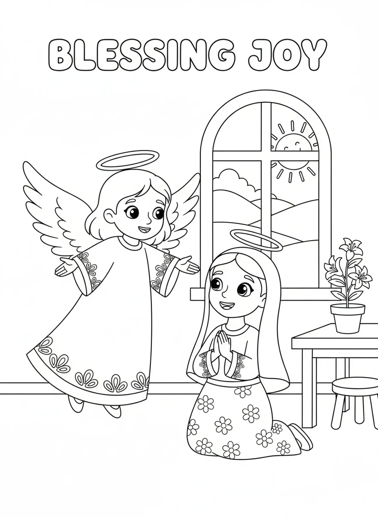 Engel segnet Maria, Verkündigung Maria sagt Ja Malvorlage für Kinder im Alter von 5-10 Jahren.