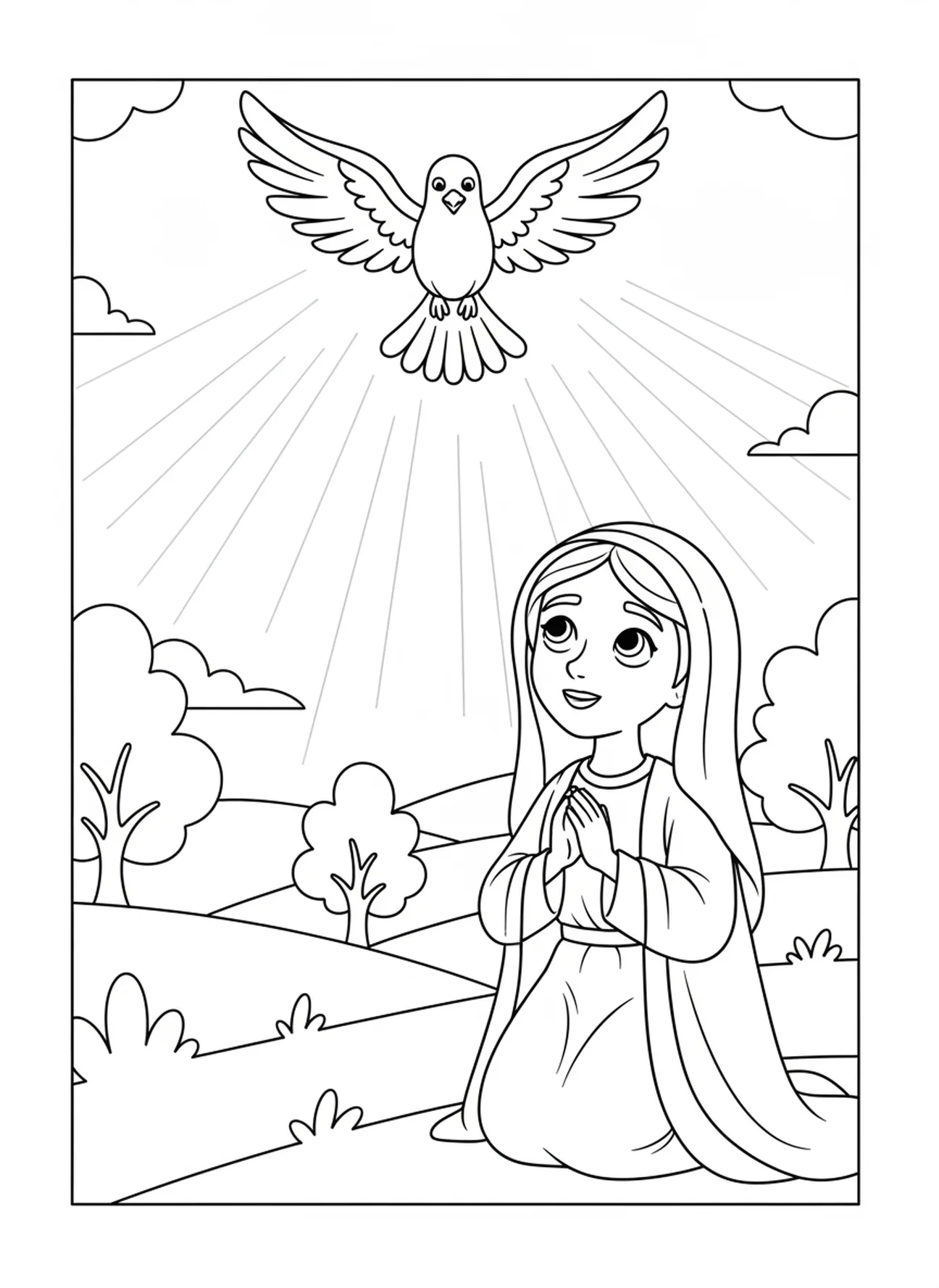 Taube, die den Heiligen Geist repräsentiert, Verkündigung Maria sagt Ja Malvorlage für Kinder im Alter von 5-10 Jahren.