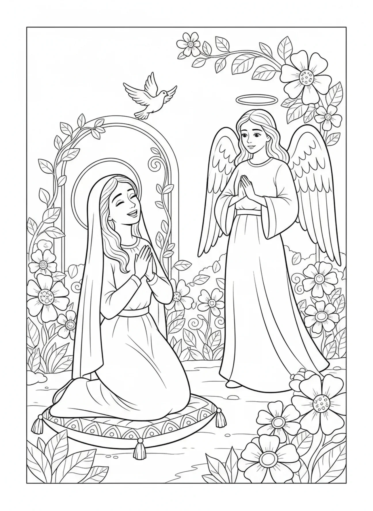 Maria kniet im Gebet, Verkündigung Maria sagt Ja Ausmalbild für Kinder im Alter von 5-10 Jahren.
