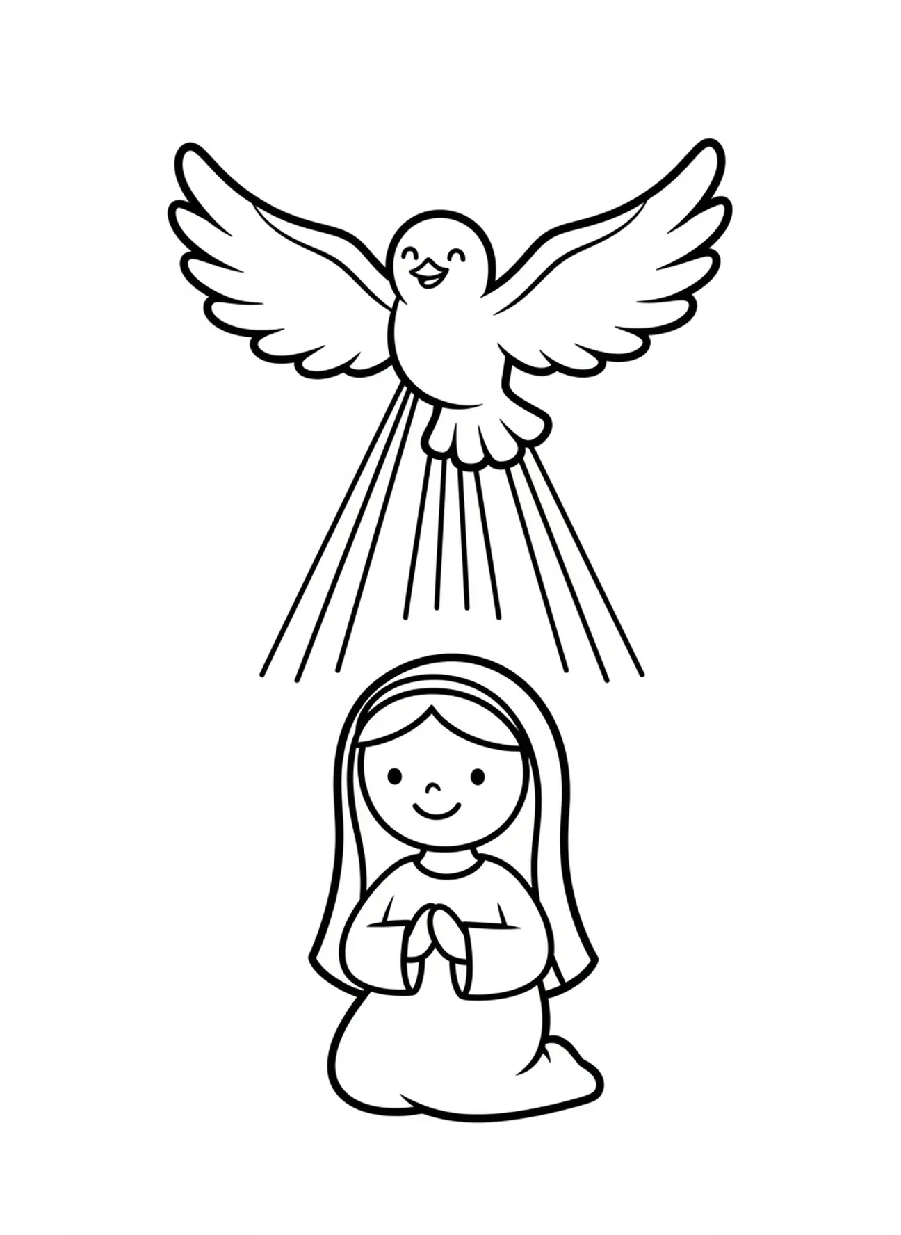 Lächende Taube, die den Heiligen Geist darstellt, Ausmalbild zur Verkündigung für Vorschulkinder im Alter von 3-5 Jahren