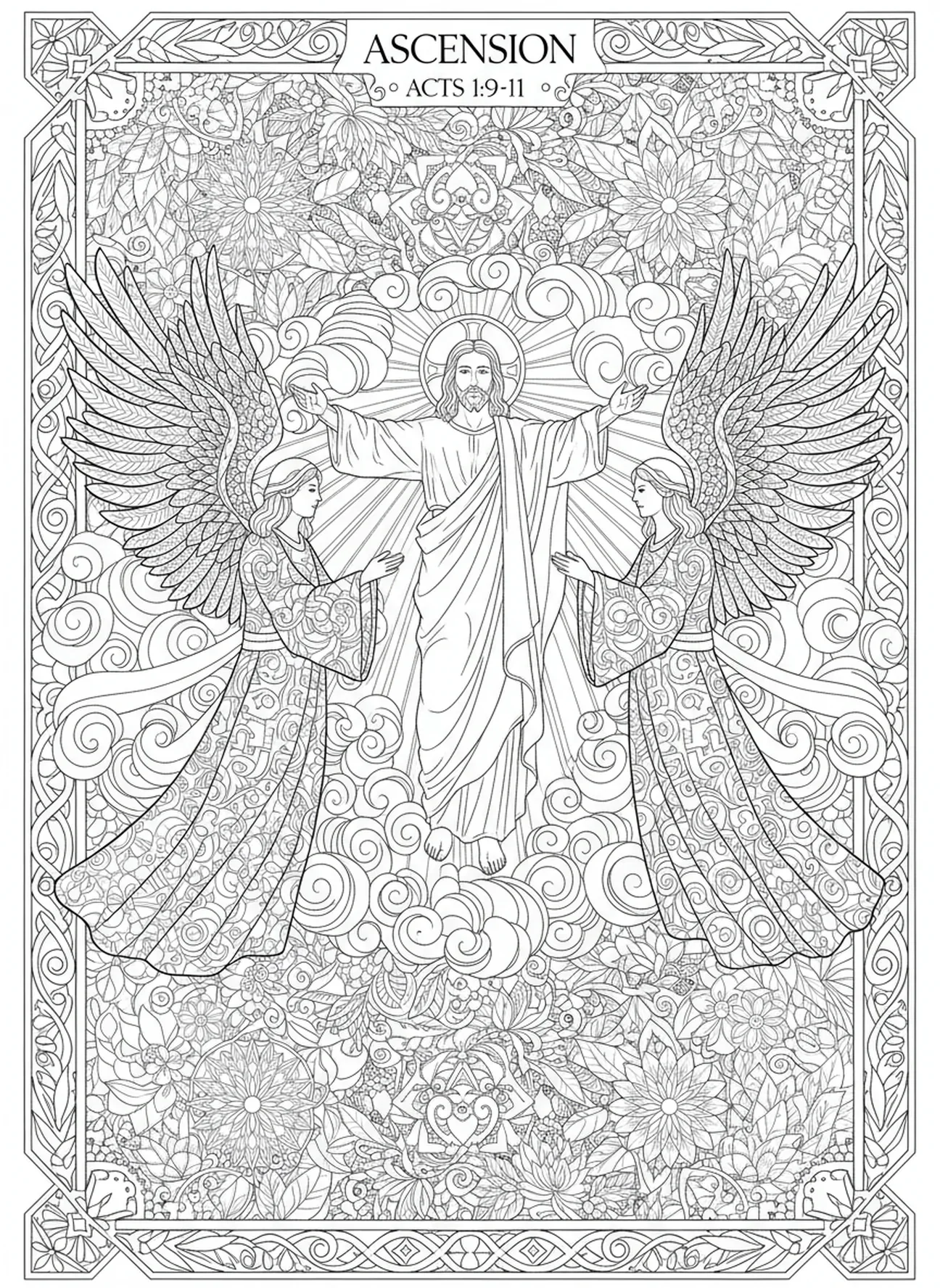 Anges montant avec Jésus, page à colorier de l'Ascension de Jésus dans un style de journal biblique pour adultes.