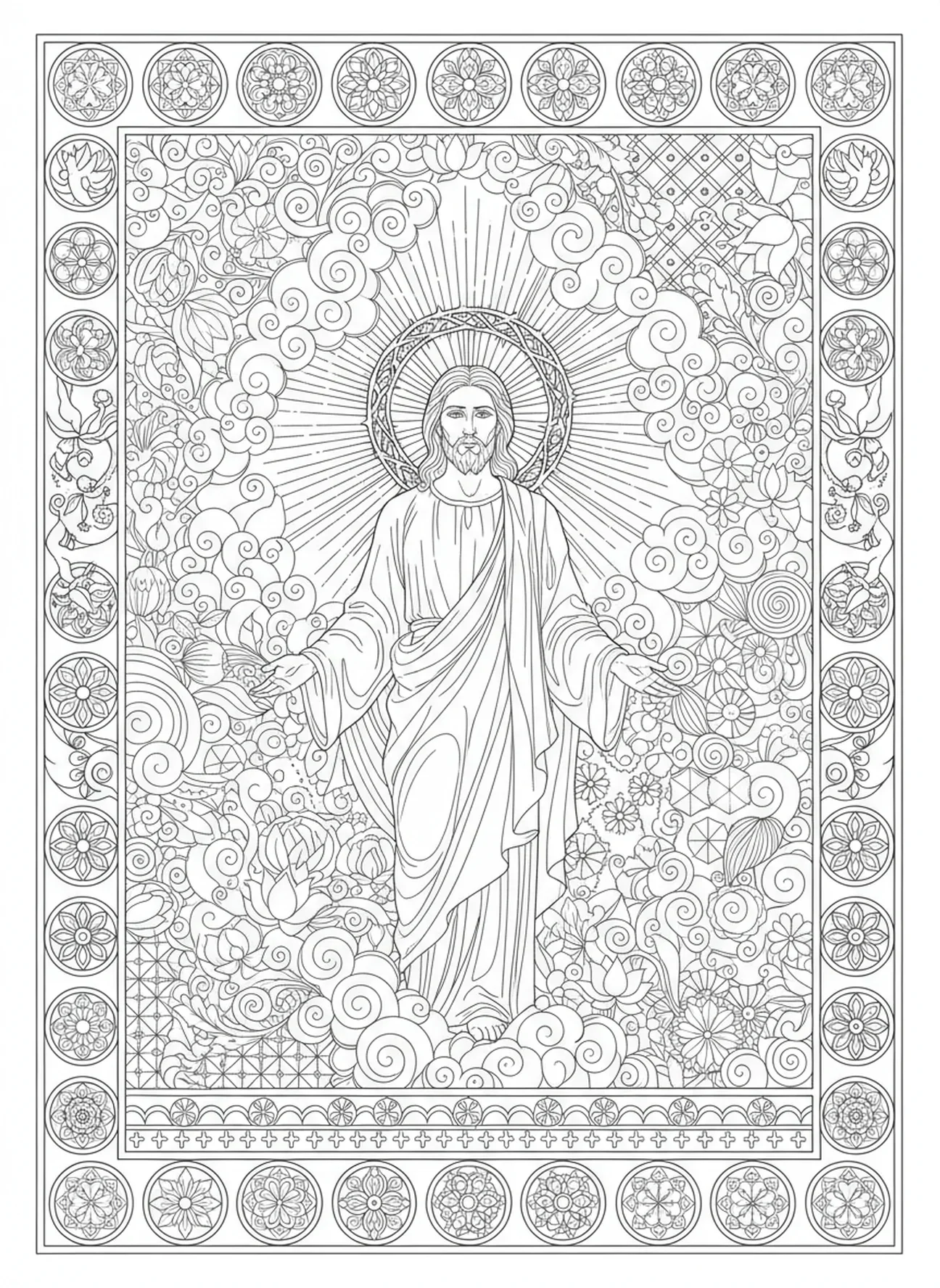 Nuages tourbillonnants entourant Jésus, page à colorier de l'Ascension de Jésus dans un style de journal biblique pour adultes.