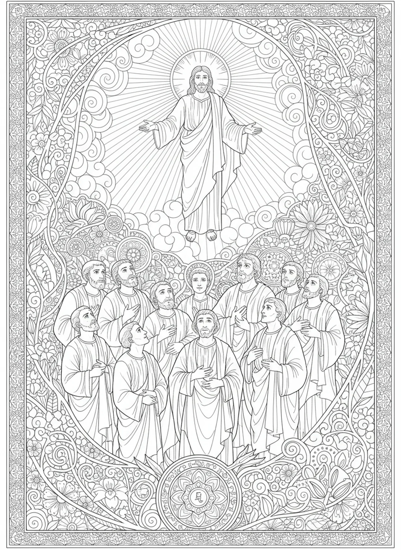 Disciples regardant Jésus s'élever, page à colorier de l'Ascension de Jésus dans un style de journal biblique pour adultes.