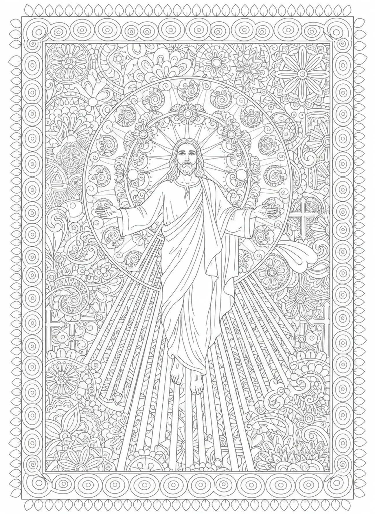 Lumière céleste illuminant Jésus, page à colorier de l'Ascension de Jésus dans un style de journal biblique pour adultes.