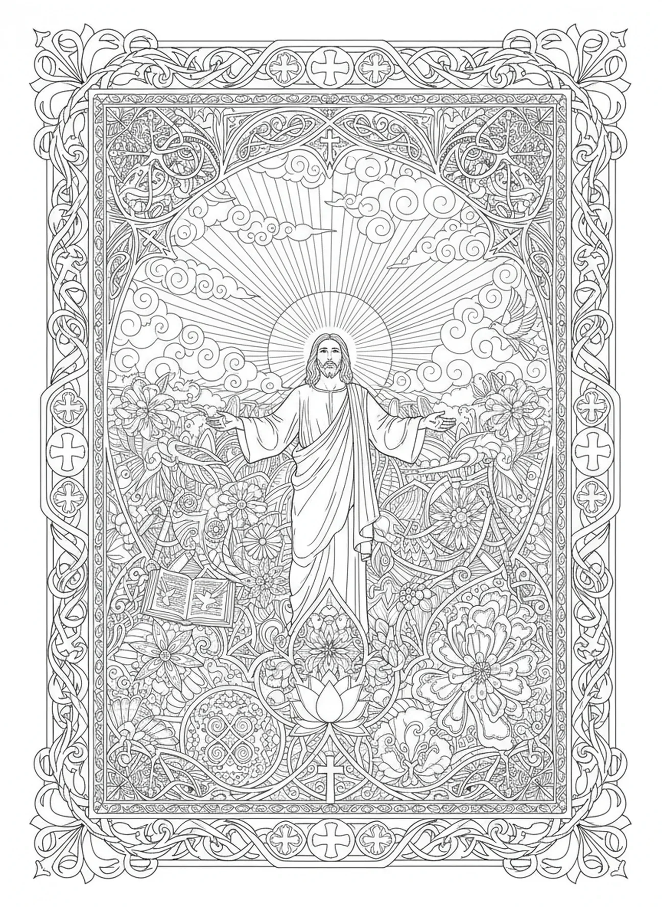 Jésus avec des nuages glorieux, page à colorier de l'Ascension de Jésus dans un style de journal biblique pour adultes.