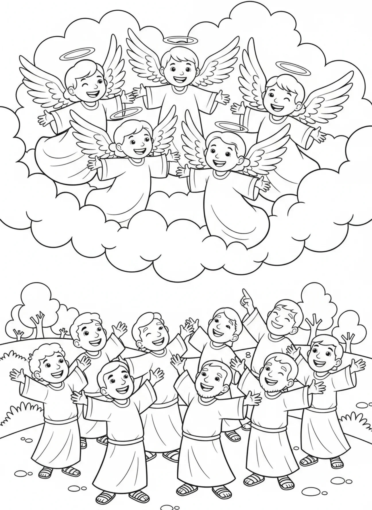 Anjos nas nuvens, página para colorir da Ascensão de Jesus nas Nuvens para crianças de 5 a 10 anos.
