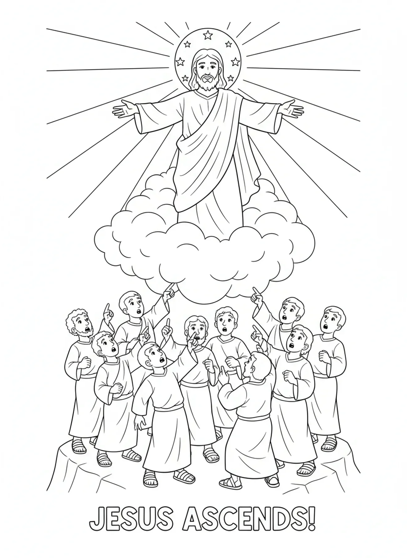 Nuvens fofas, página de colorir da Ascensão de Jesus nas Nuvens para crianças de 5 a 10 anos.