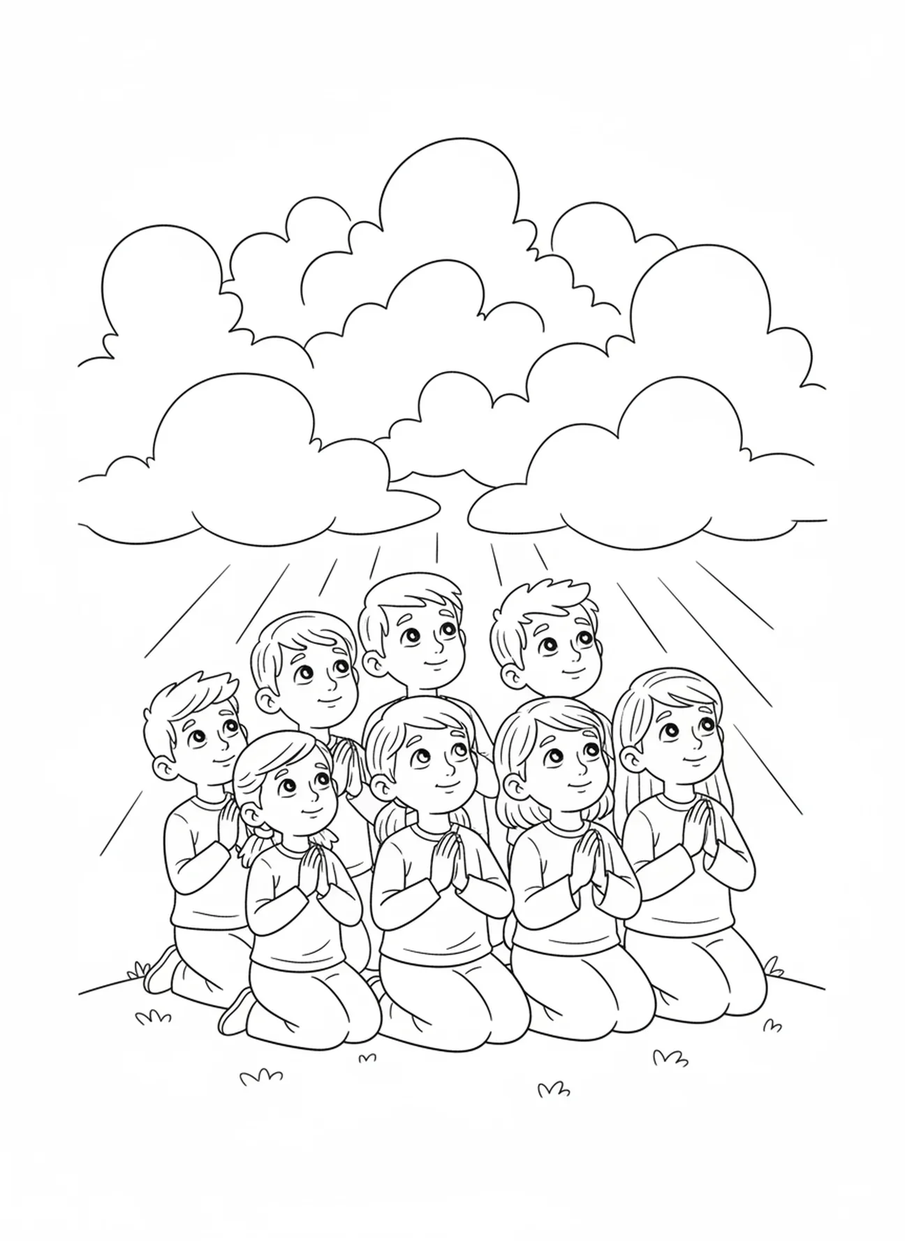Discipulos orando, página para colorir da Ascensão de Jesus nas Nuvens para crianças de 5 a 10 anos.