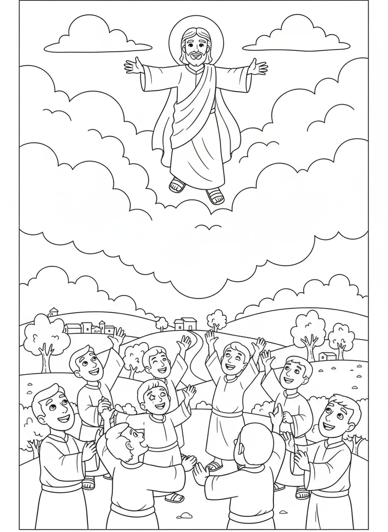 Jesus subindo, página para colorir da Ascensão de Jesus nas Nuvens para crianças de 5 a 10 anos.