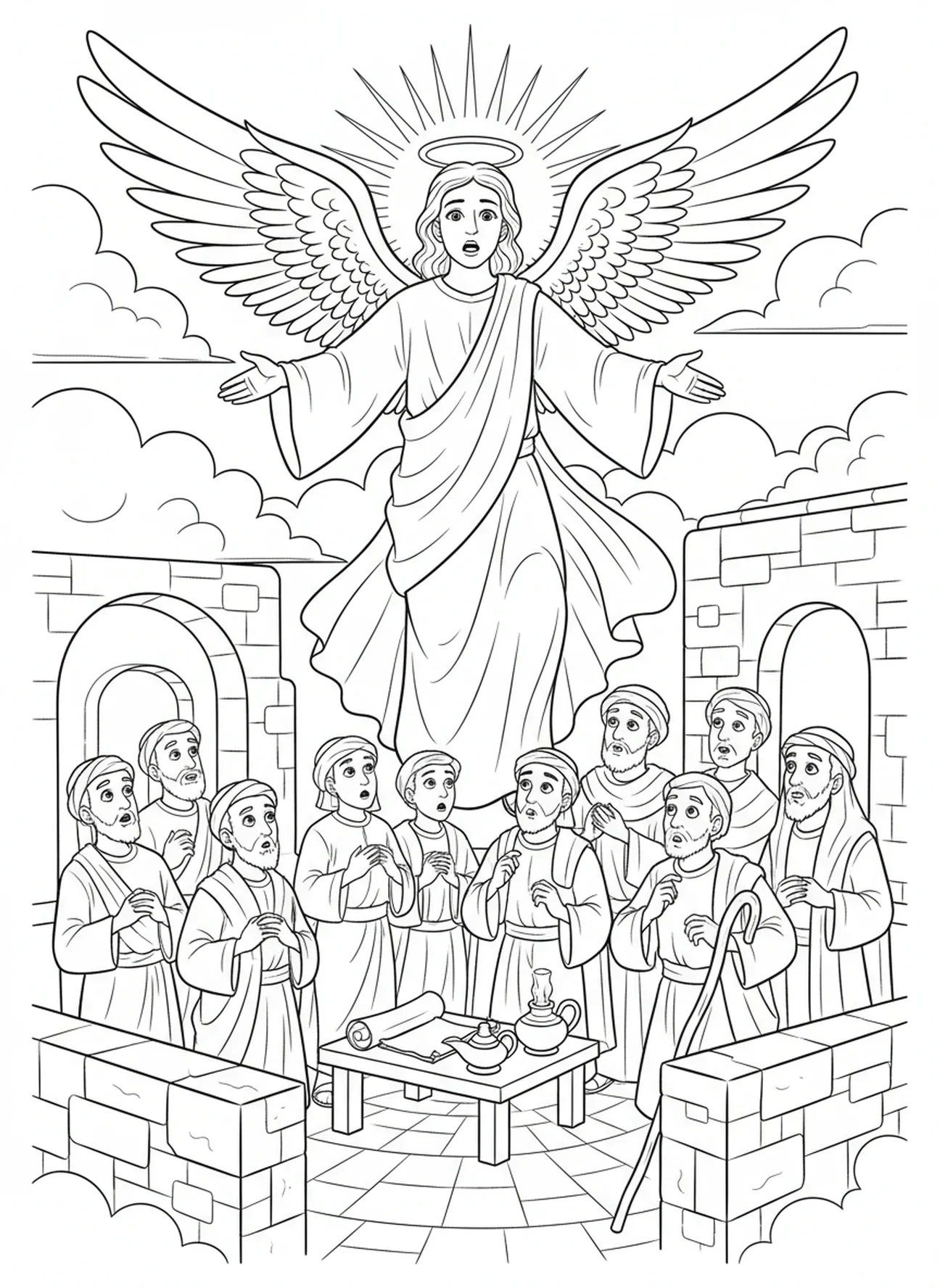 Ángel hablando a los discípulos, página para colorear de la Ascensión de Jesús en las nubes para niños de Escuela Dominical de 5 a 12 años.