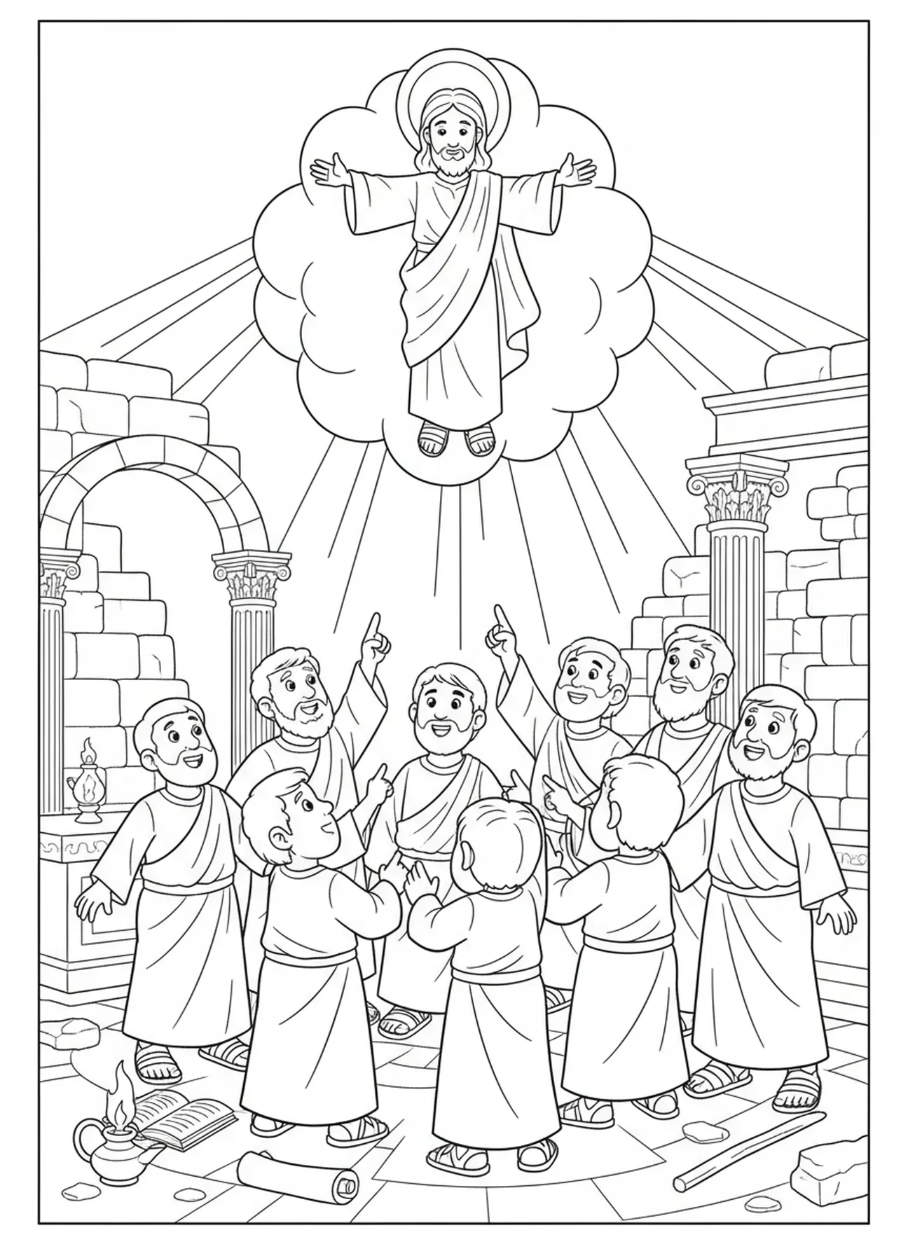 Discípulos señalando hacia la nube, página para colorear de la Ascensión de Jesús para niños de la Escuela Dominical de 5 a 12 años.