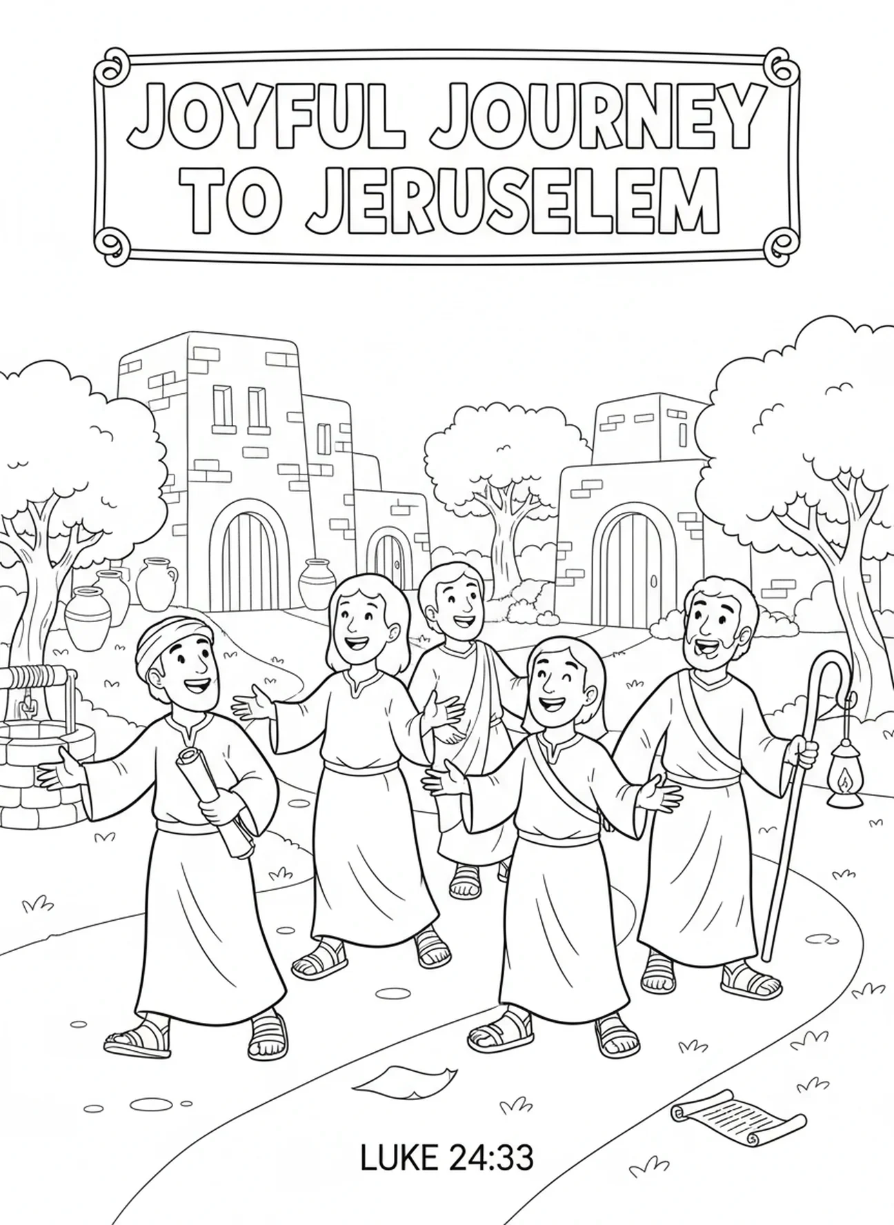 Discipulos regresando a Jerusalén, página para colorear de la Ascensión de Jesús en la nube para niños de Escuela Dominical de 5 a 12 años.
