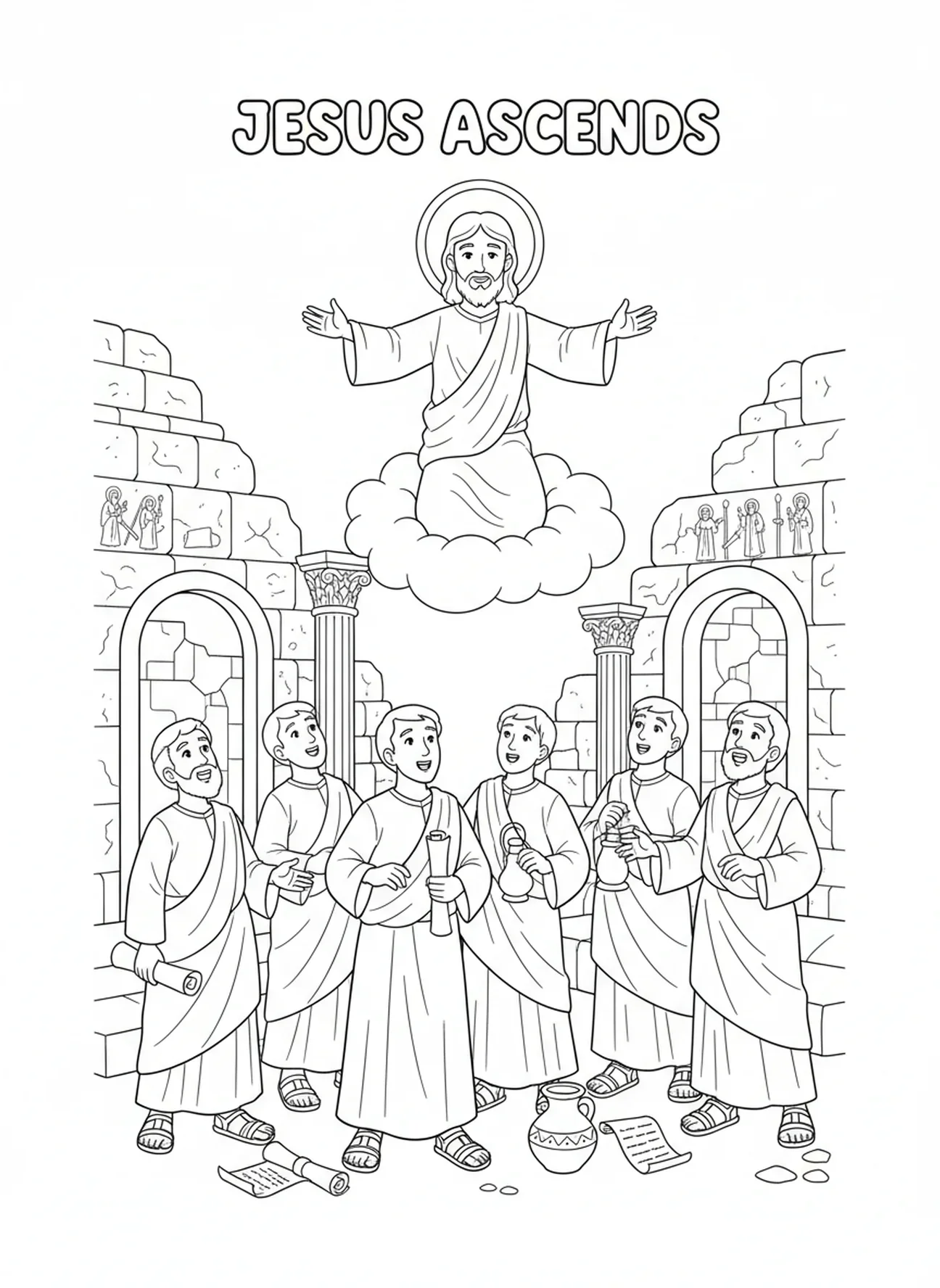Jesús ascendiendo a las nubes, página para colorear de la Ascensión de Jesús para niños de Escuela Dominical de 5 a 12 años.