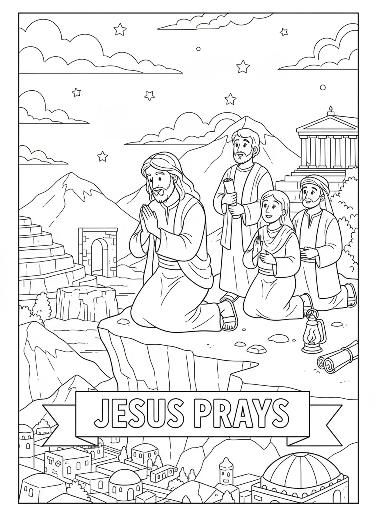 Jesús orando en la montaña, página para colorear de la Ascensión de Jesús en la nube para niños de la Escuela Dominical de 5 a 12 años.