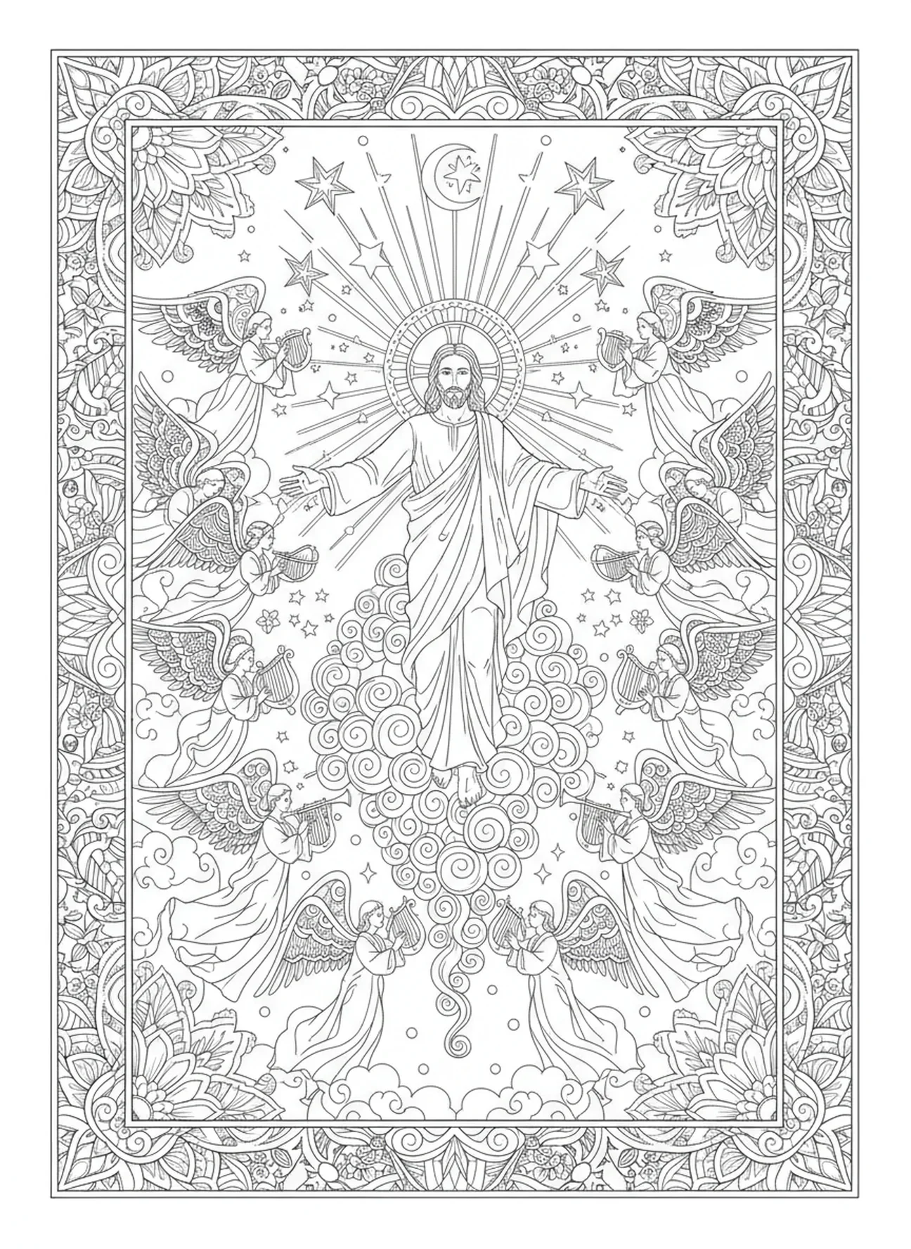 Jesus subindo aos céus, página de colorir da Ascensão de Jesus para adultos no estilo de journaling bíblico.
