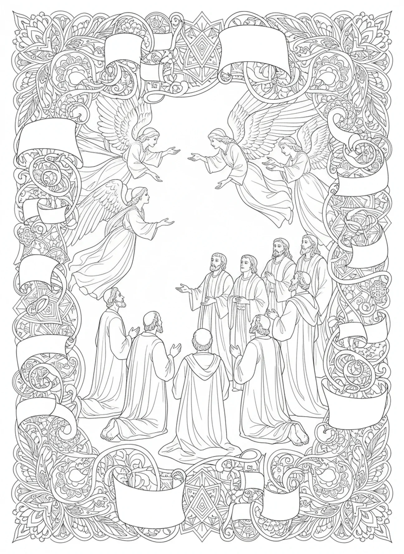 Discípulos recebendo instruções dos anjos, página para colorir sobre a Ascensão de Jesus no estilo de journaling bíblico para adultos.