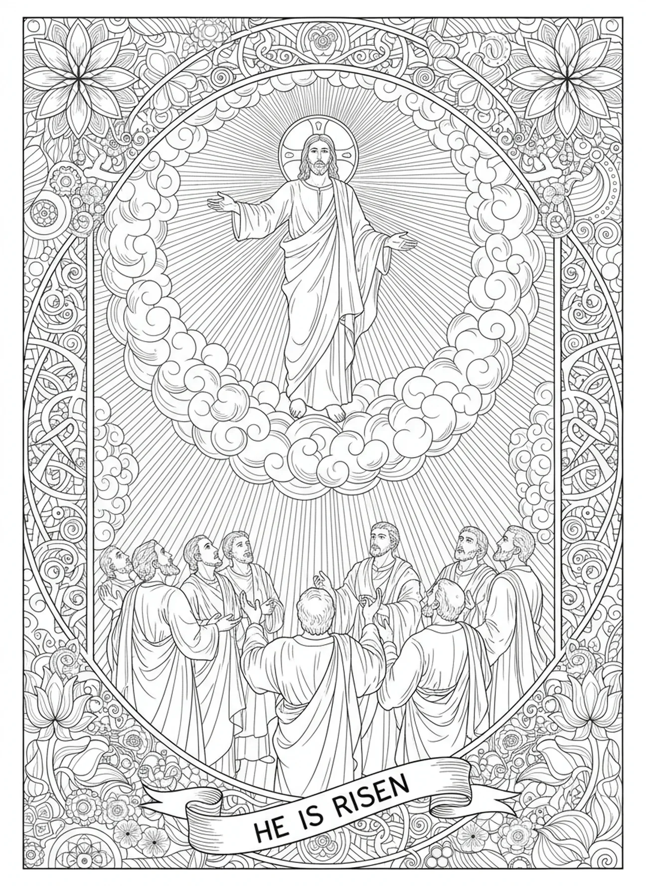 Discípulos observando Jesus subir, página de colorir sobre a Ascensão de Jesus no estilo de journaling bíblico para adultos.