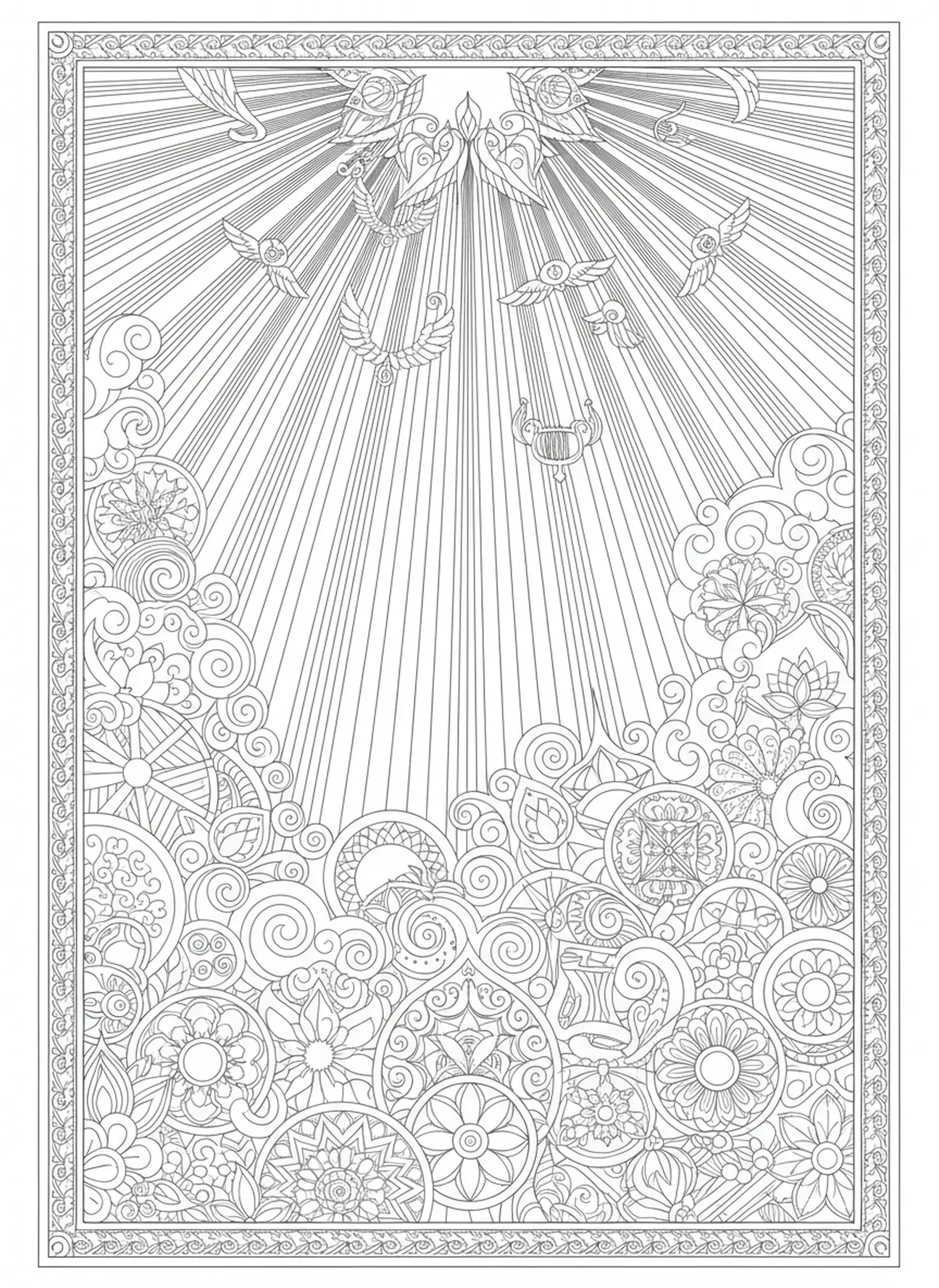 Luz celestial irradiando, página de colorir da Ascensão de Jesus no estilo de journaling bíblico para adultos.