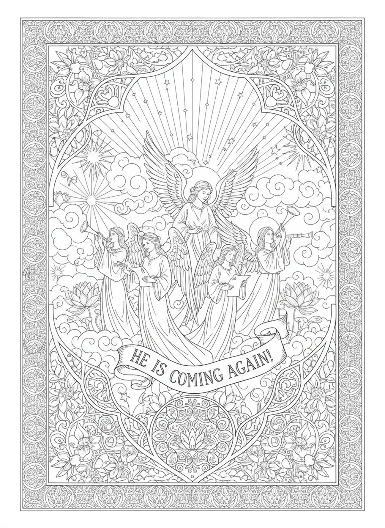 Anjos anunciando a promessa do retorno, página para colorir da Ascensão de Jesus no estilo de journaling bíblico para adultos.