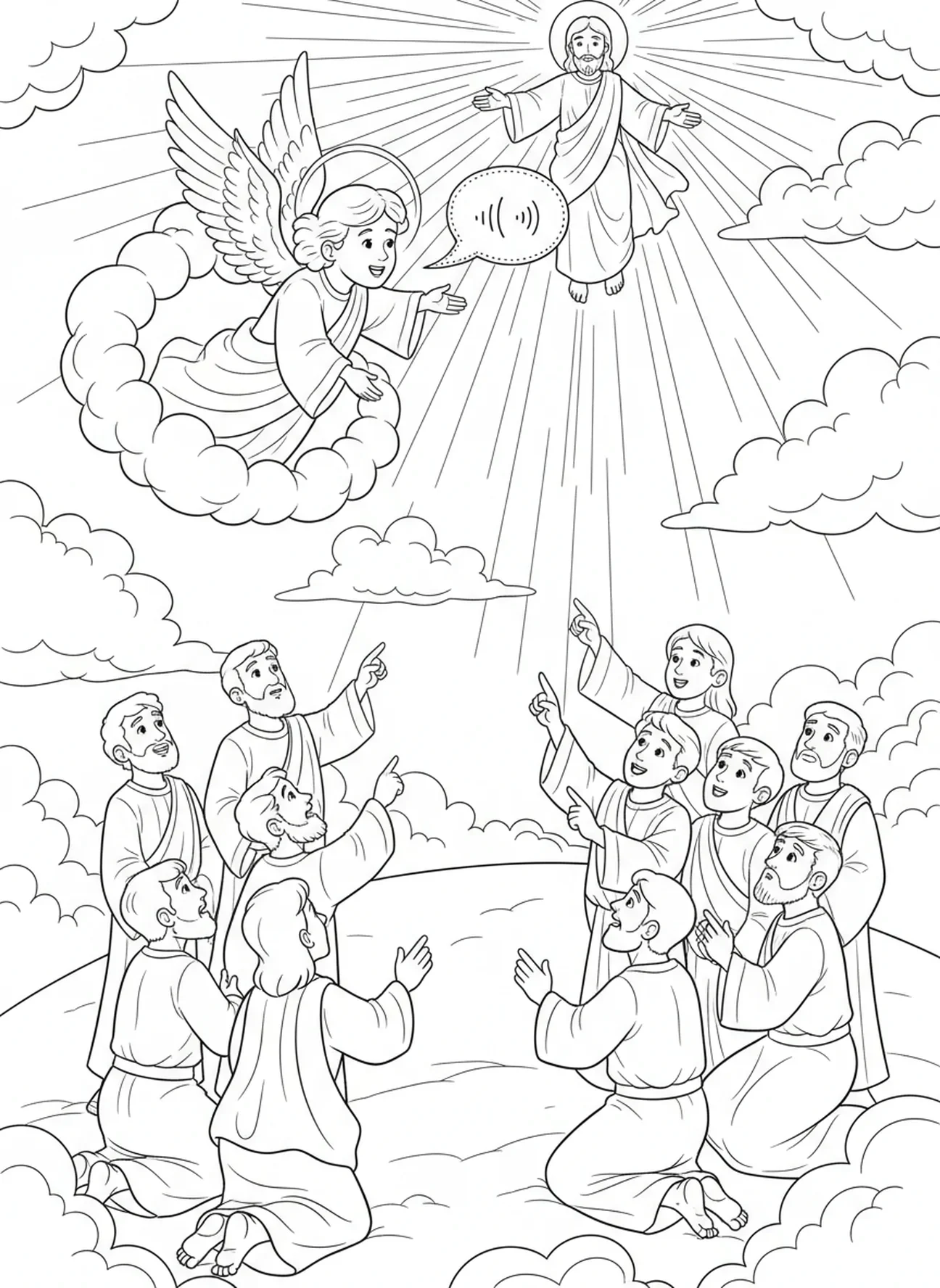 Figura angelical en el cielo, página para colorear de la Ascensión de Jesús para niños de 5 a 10 años
