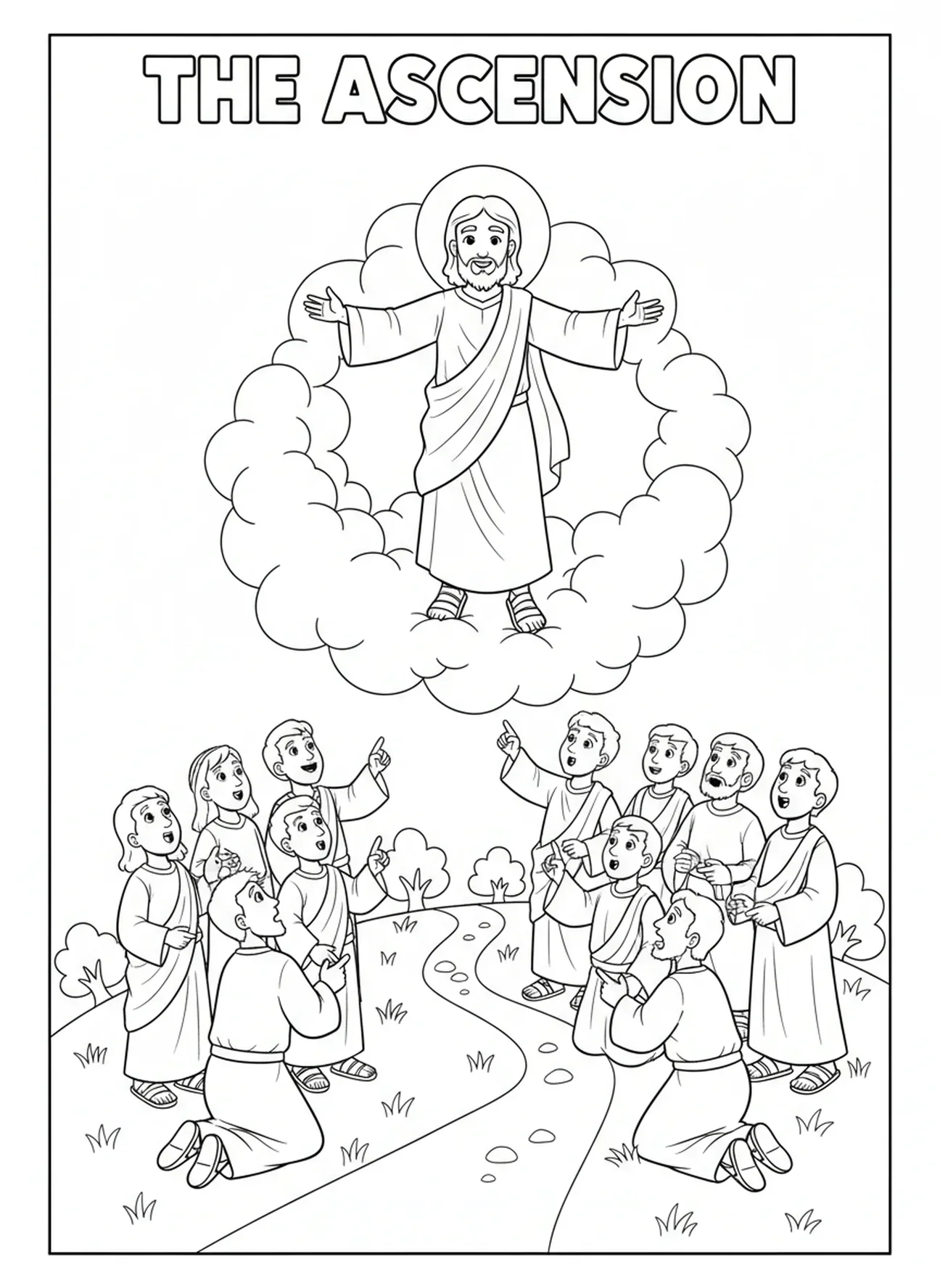 Discípulos en una colina mirando las nubes, página para colorear de la Ascensión de Jesús para niños de 5 a 10 años
