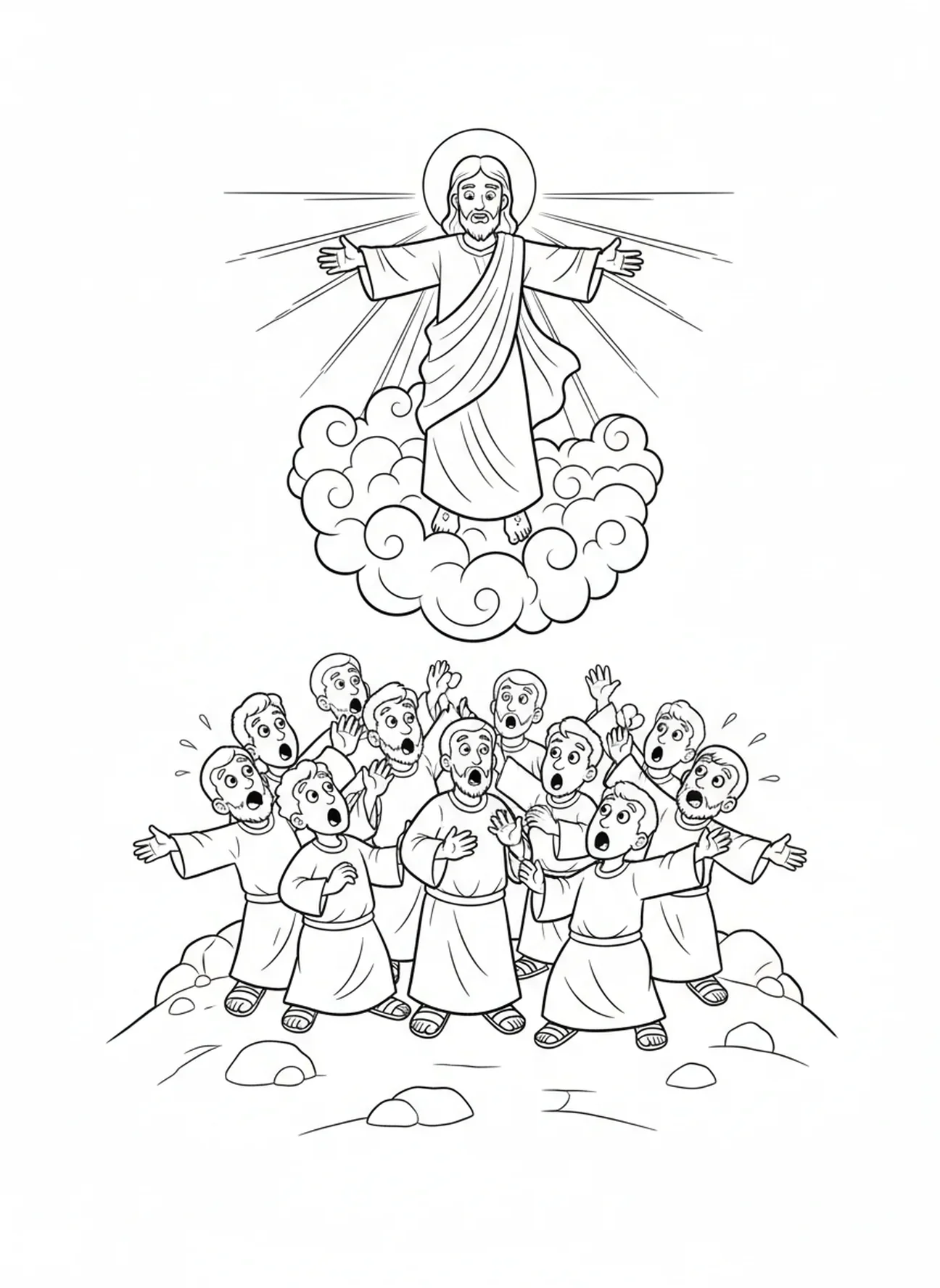 Grupo de discípulos mirando hacia arriba, página para colorear de la Ascensión de Jesús para niños de 5 a 10 años
