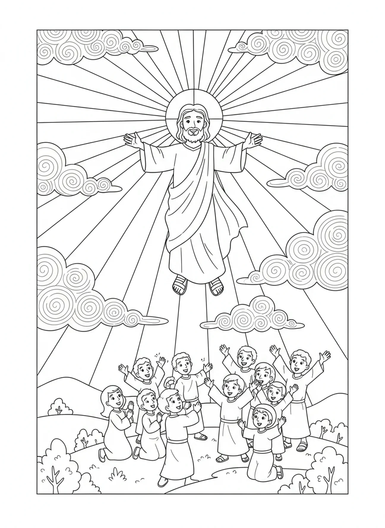 Luz radiante rodeando a Jesús, página para colorear de la Ascensión de Jesús para niños de 5 a 10 años
