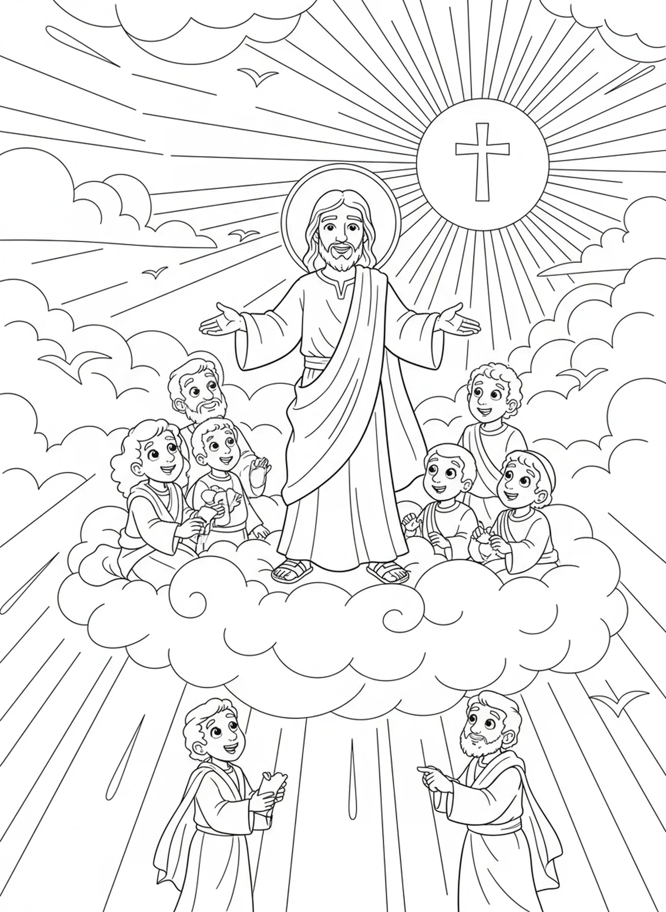 Jesús en una nube con sus discípulos, página para colorear de la Ascensión de Jesús para niños de 5 a 10 años