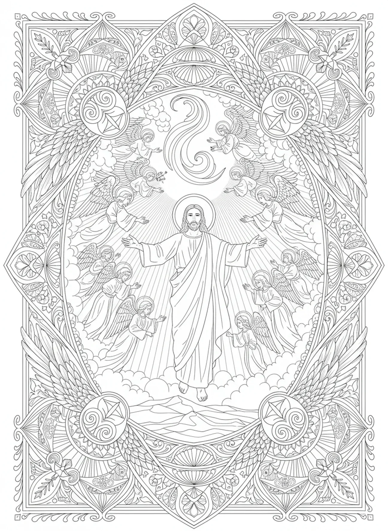 Anjos abençoando Jesus, página para colorir da Ascensão no estilo de journaling bíblico para adultos.