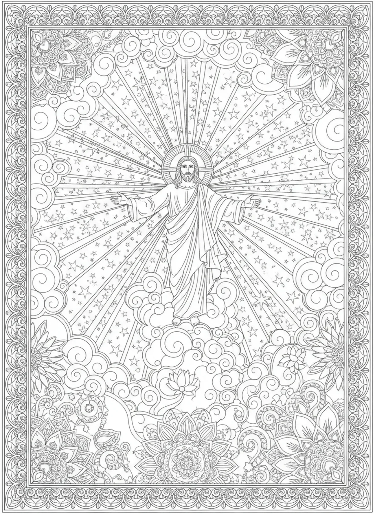 Nuvens ao redor de Jesus, página para colorir da Ascensão no estilo de journaling bíblico para adultos.