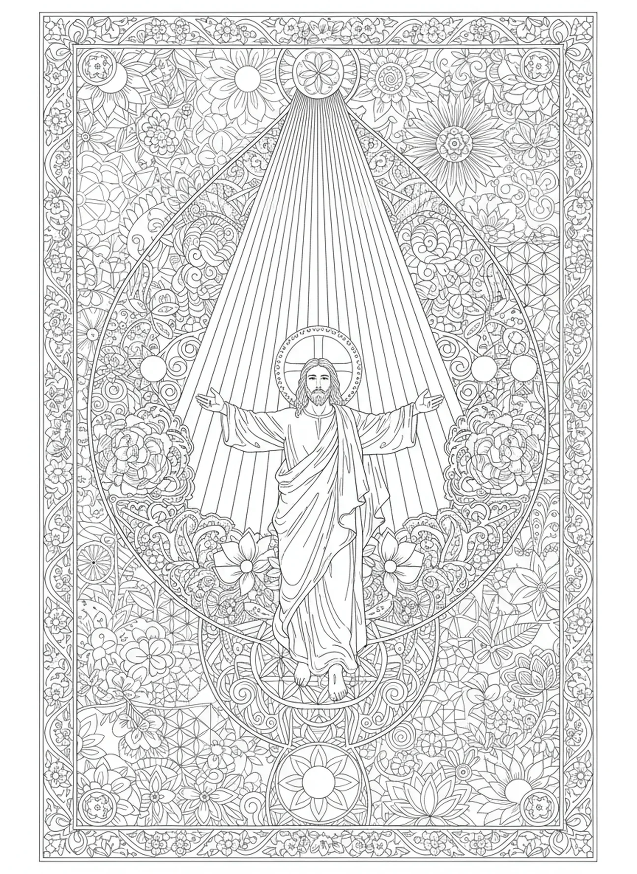 Luz celestial iluminando Jesus, página para colorir da Ascensão no estilo de journaling bíblico para adultos.