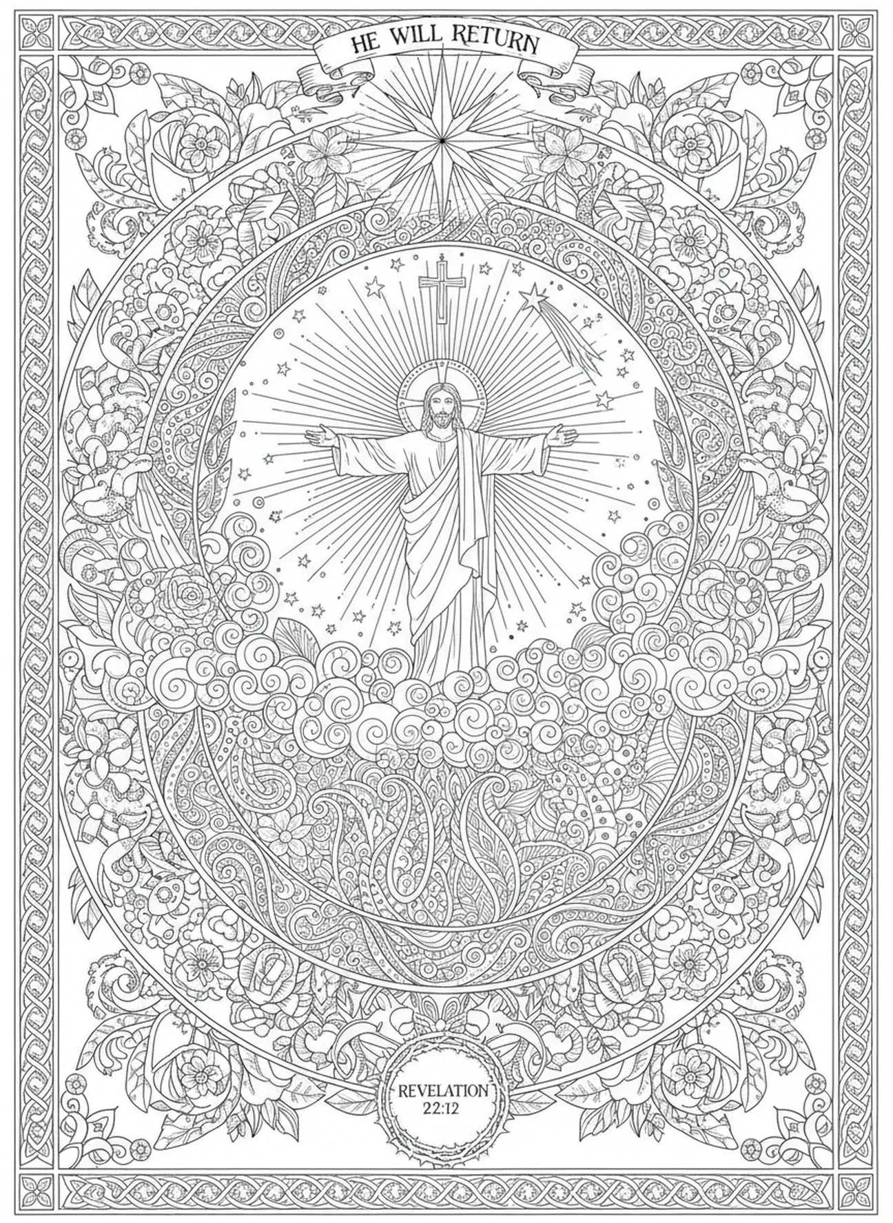 Promessa celestial do retorno de Jesus, página de colorir sobre a Ascensão no estilo de journaling bíblico para adultos.