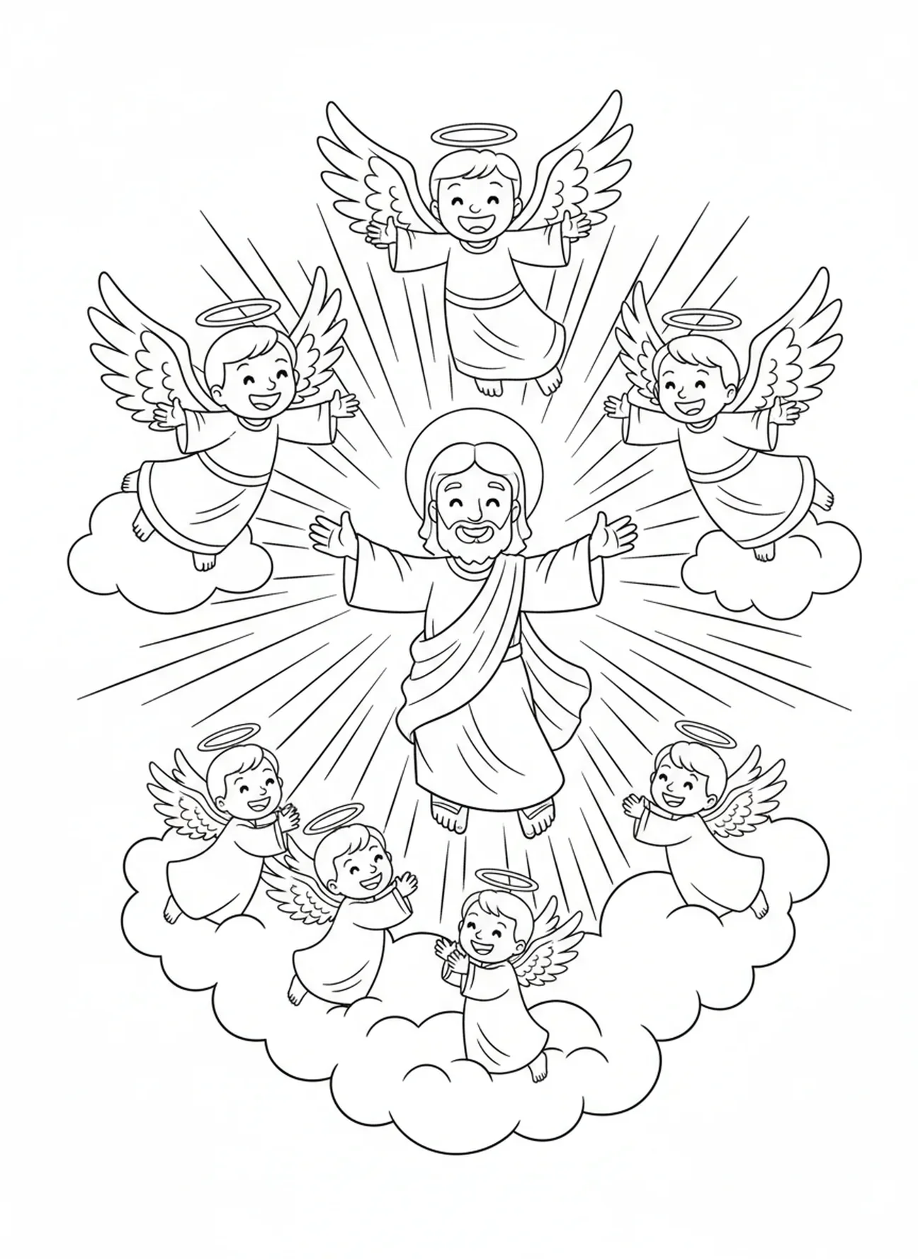 Des anges accueillent Jésus, page à colorier sur l'Ascension pour les enfants de 5 à 10 ans.