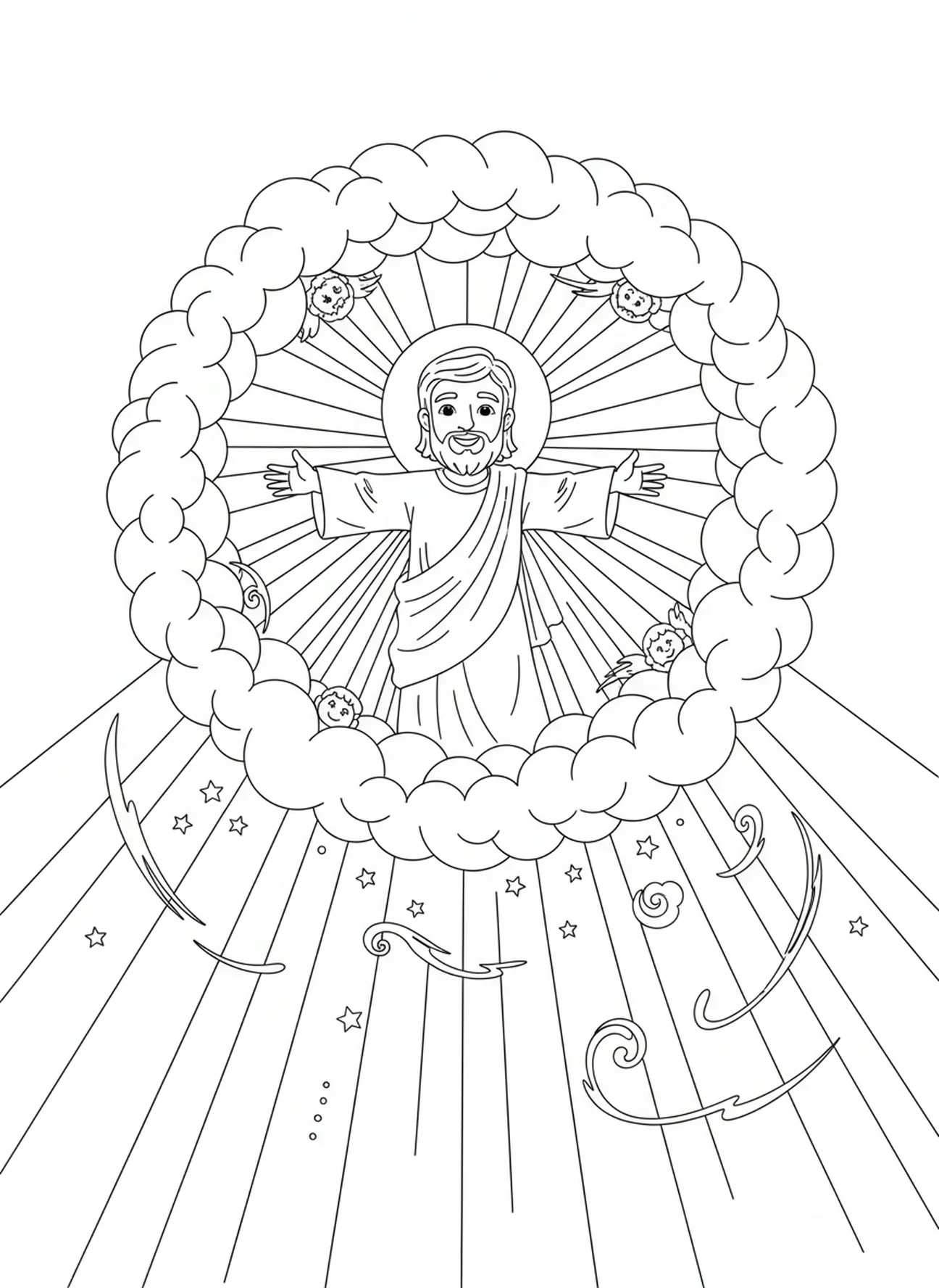 Nuages moelleux entourant Jésus, page à colorier de l'Ascension pour les enfants de 5 à 10 ans.