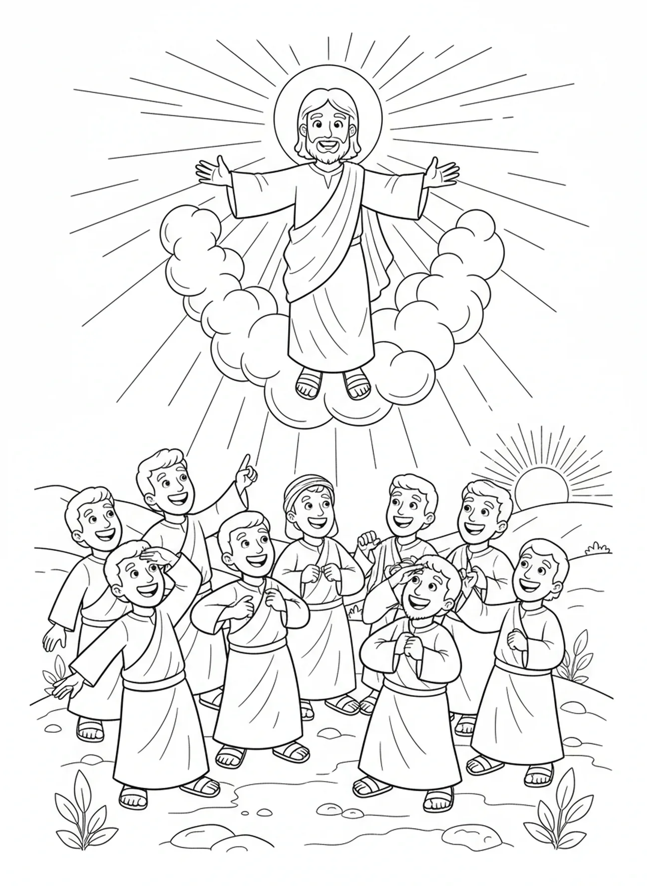 Groupe de disciples émerveillés, page à colorier de l'Ascension pour enfants de 5 à 10 ans.