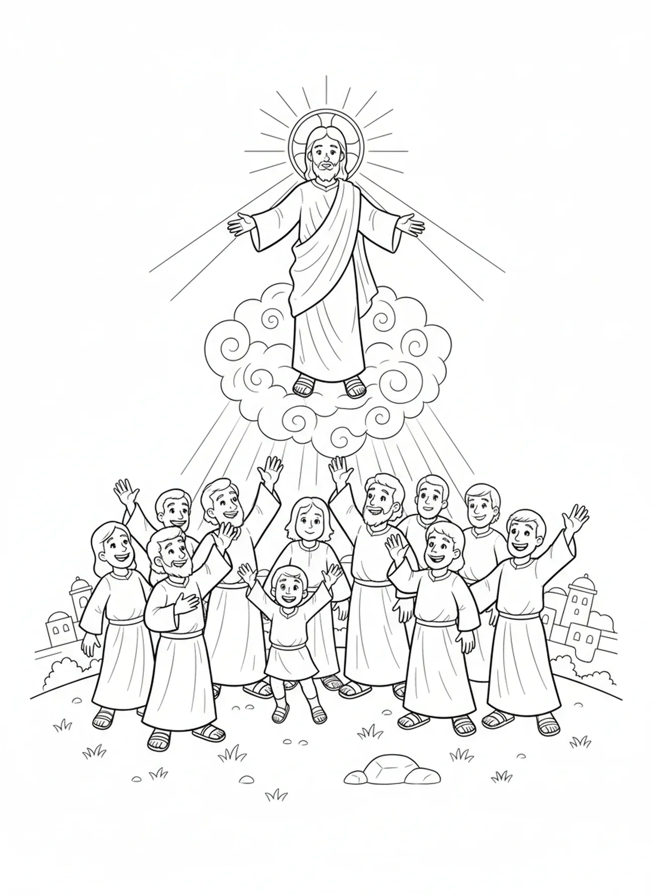 Disciples faisant leurs adieux, page à colorier sur l'Ascension pour les enfants de 5 à 10 ans.