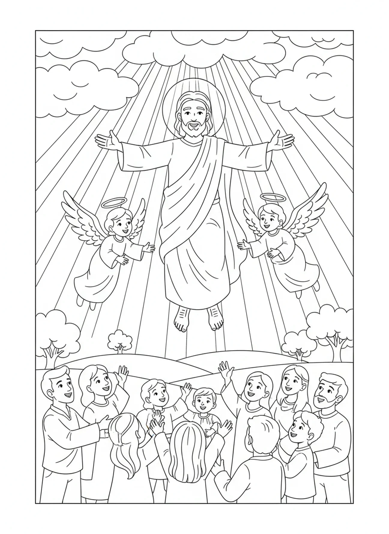 Rayons de lumière brillants, page à colorier sur l'Ascension pour les enfants de 5 à 10 ans.
