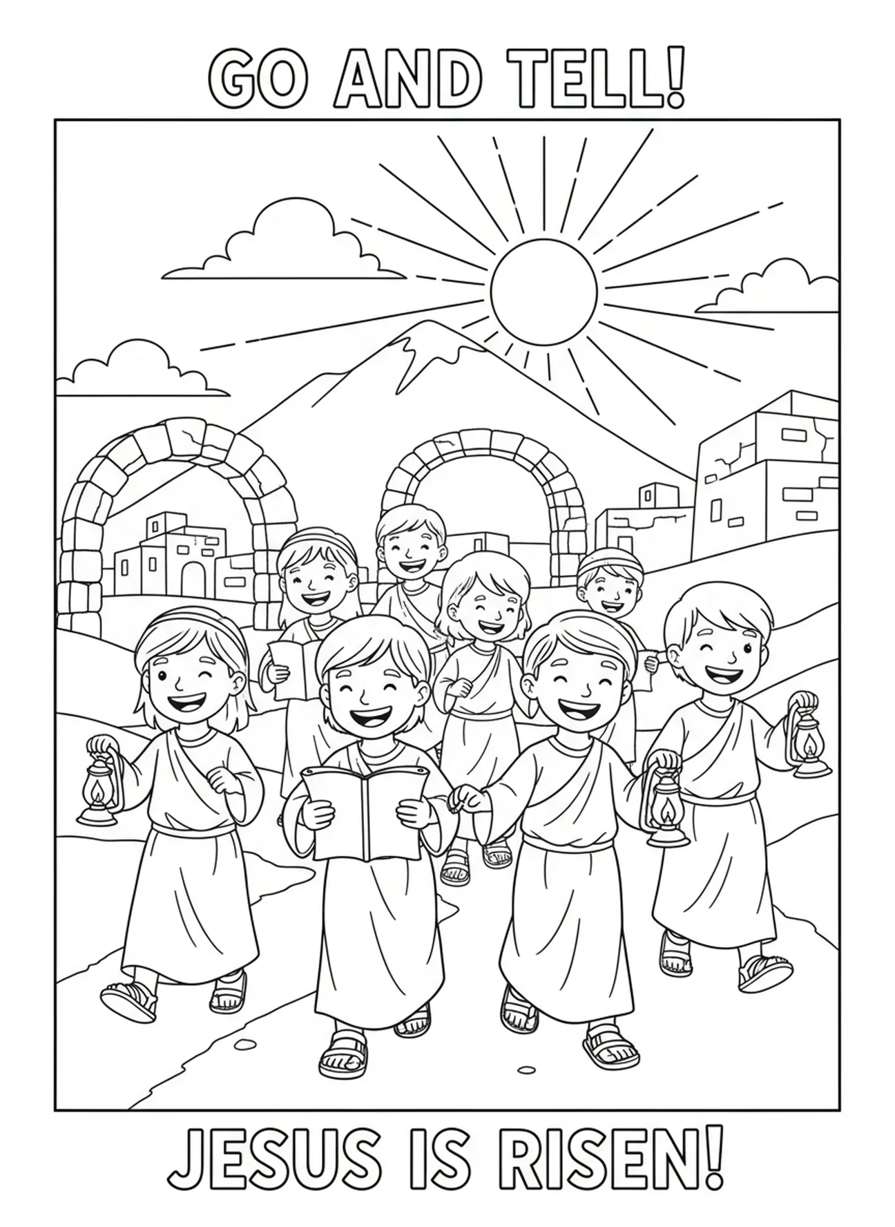 Discípulos espalhando a mensagem, página para colorir sobre a Ascensão para crianças da Escola Dominical de 5 a 12 anos