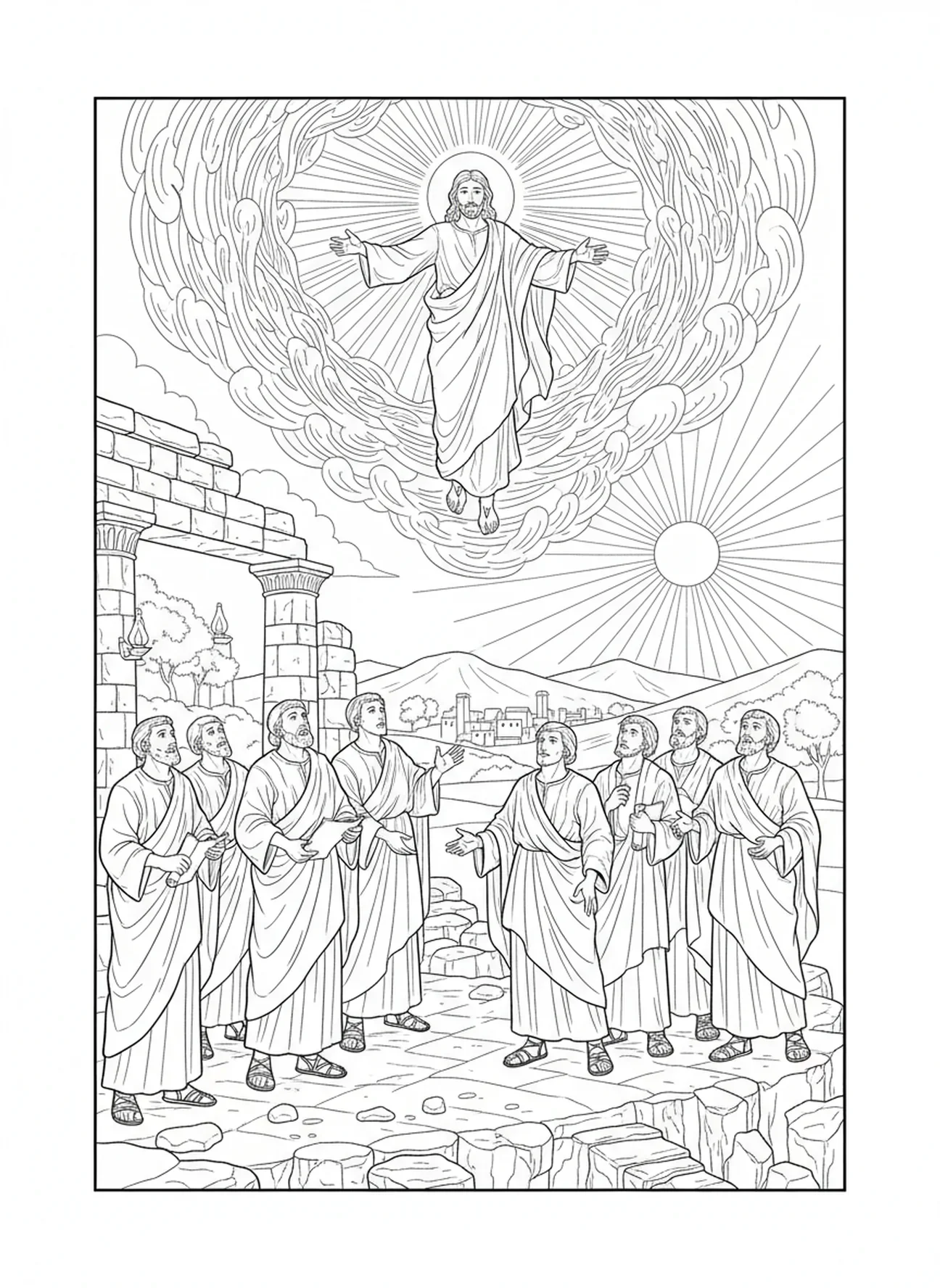 Discípulos observando Jesus, página de colorir da Ascensão para crianças da Escola Dominical de 5 a 12 anos