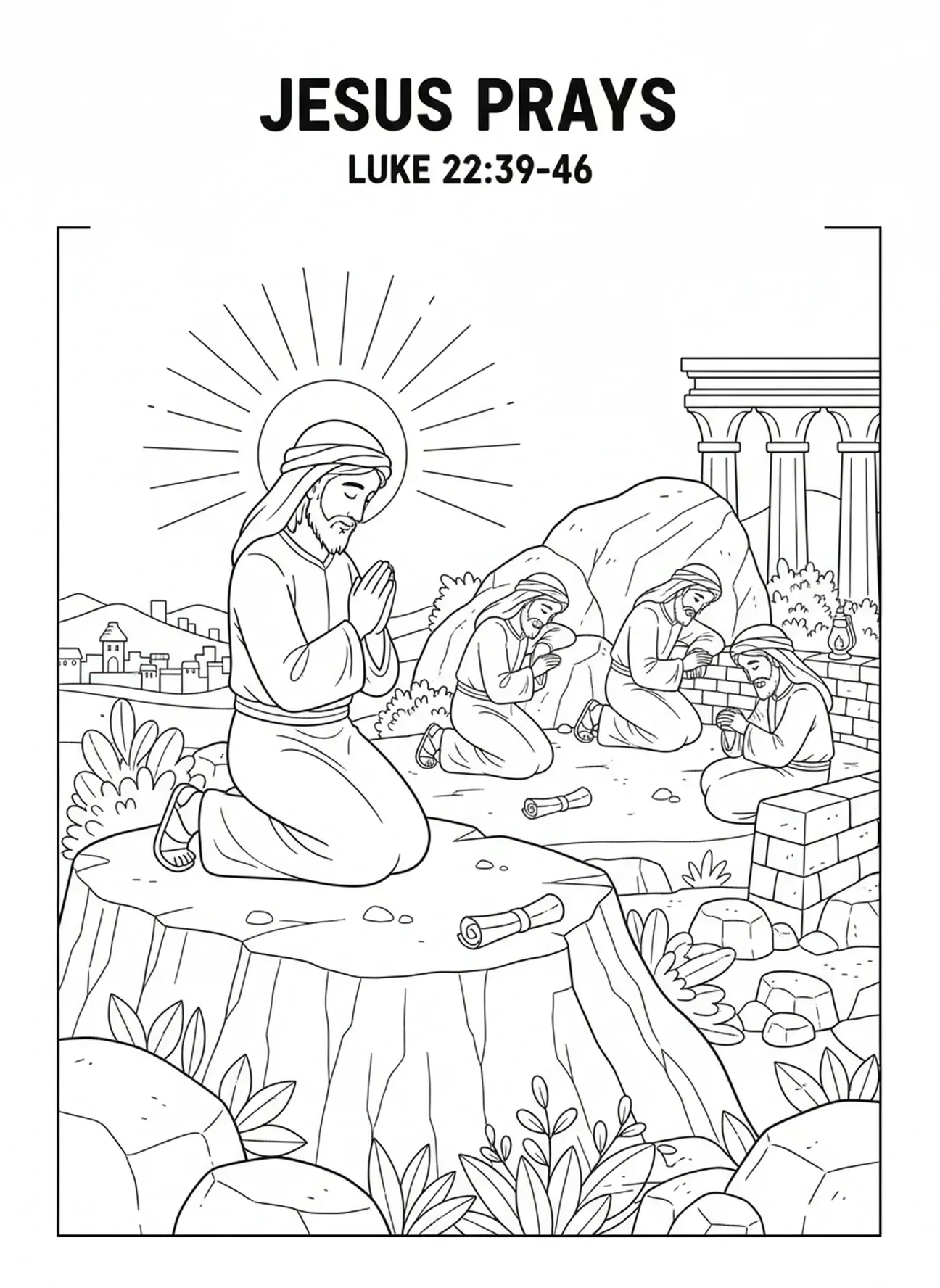 Jesus orando, página para colorir da Ascensão para crianças da Escola Dominical de 5 a 12 anos